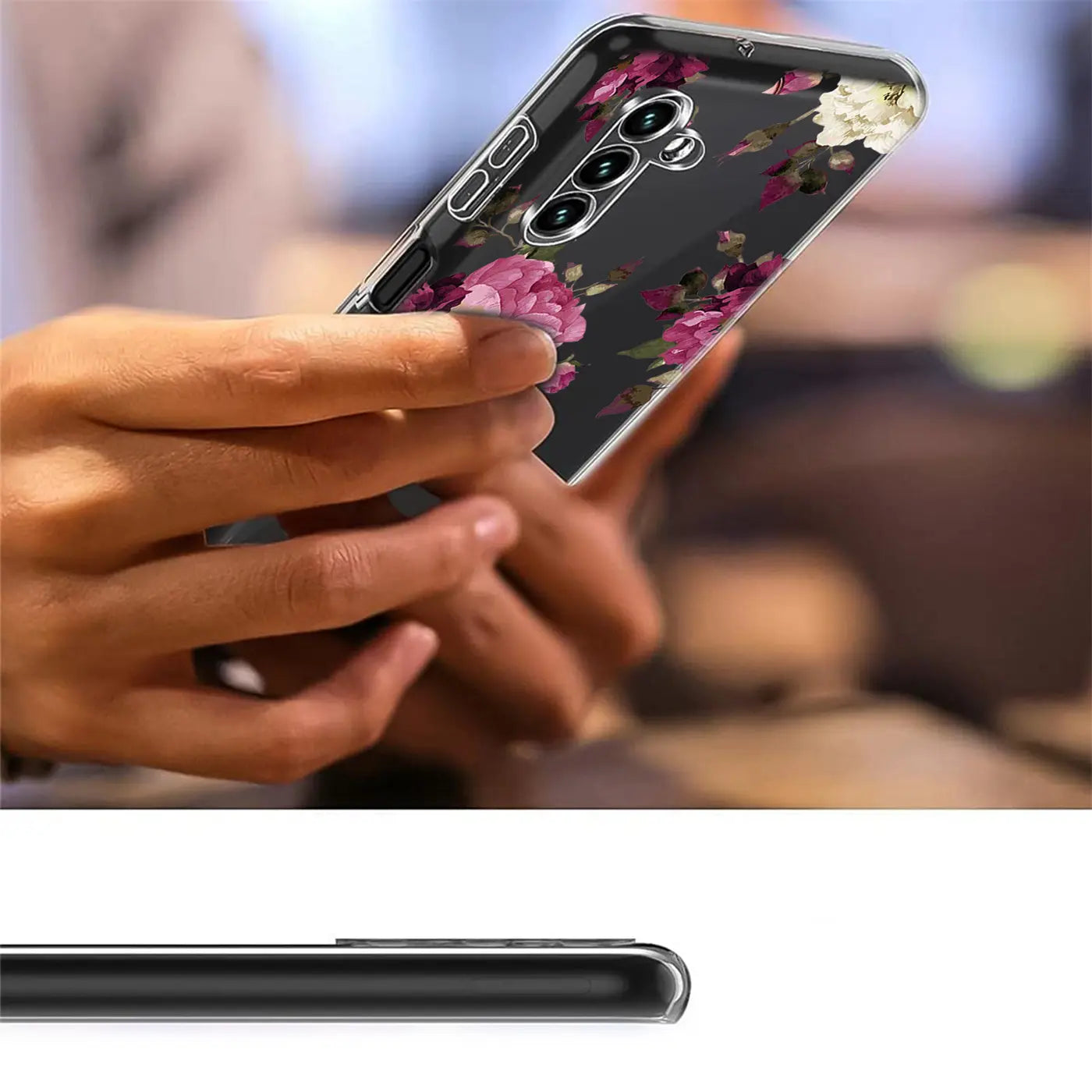 Transparente TPU-Hülle mit Blumenmuster, von schräg oben auf einem Samsung Galaxy A13 5G / A04s.