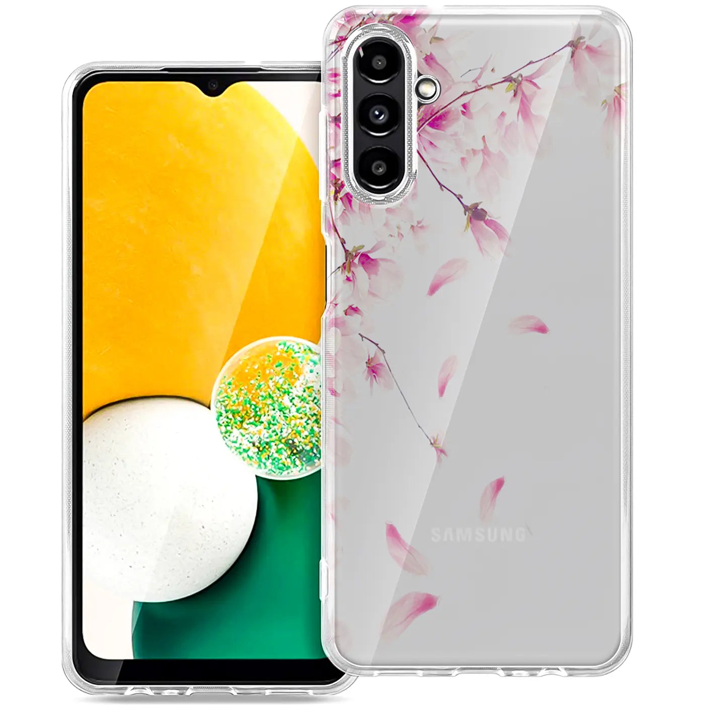 Samsung A13 5G/A04s TPU Hülle, transparent, mit rosa Blütenmotiv, Vorderansicht.
