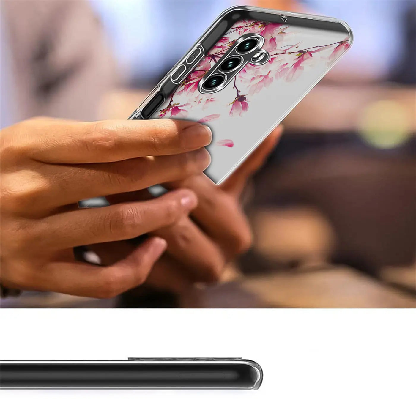 TPU Hülle mit Kirschblütenmotiv, von vorne gehalten, auf einem Samsung Galaxy A13 5G / A04s.