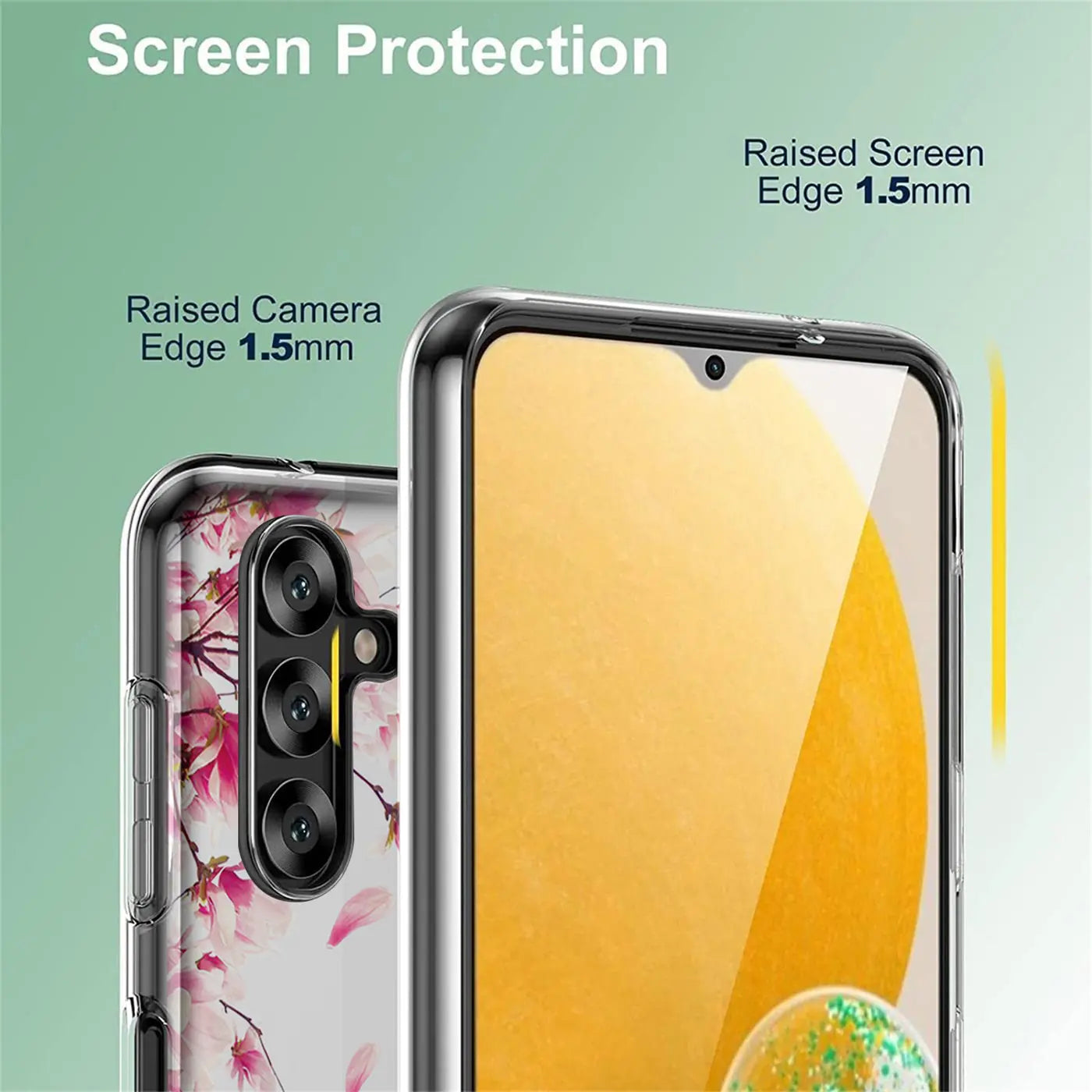 Transparente TPU-Hülle mit Blumenmuster, zeigt Rückseite und Vorderseite eines Samsung Galaxy A13 5G/A04s.