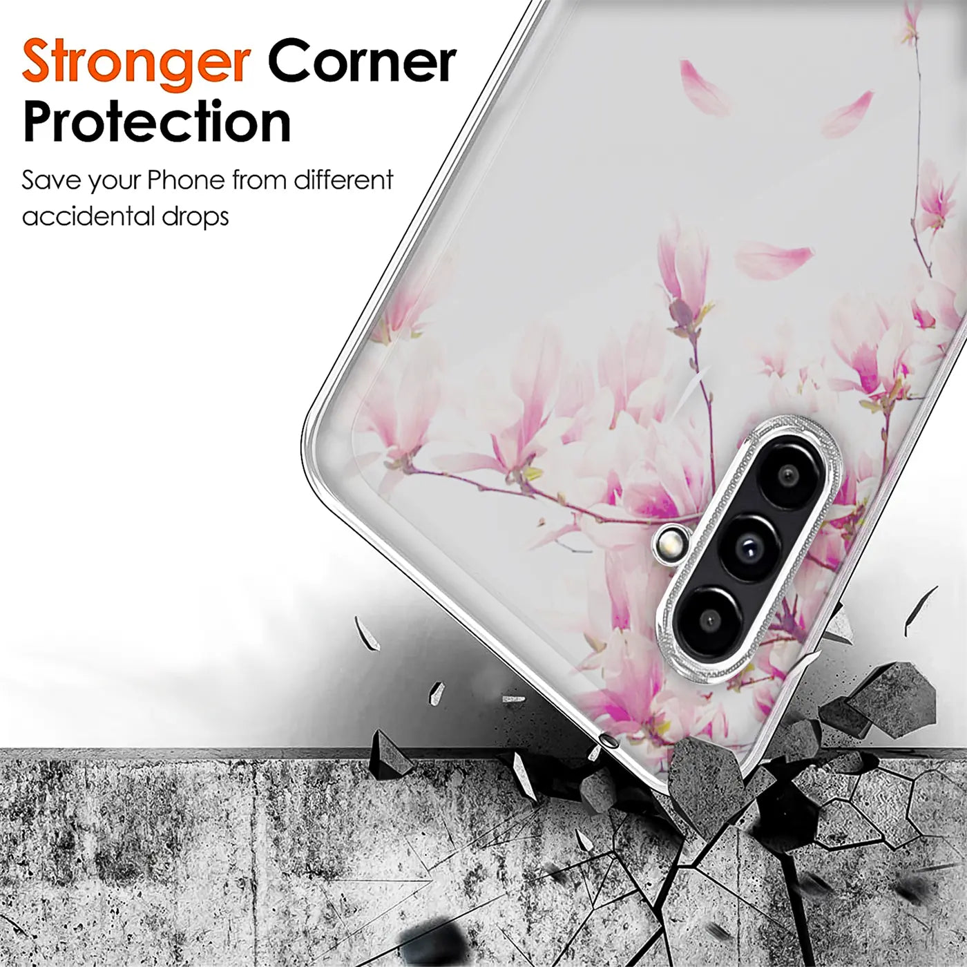 Transparente TPU-Hülle mit rosa Blütenmotiv, Rückansicht, Samsung Galaxy A13 5G / A04s.