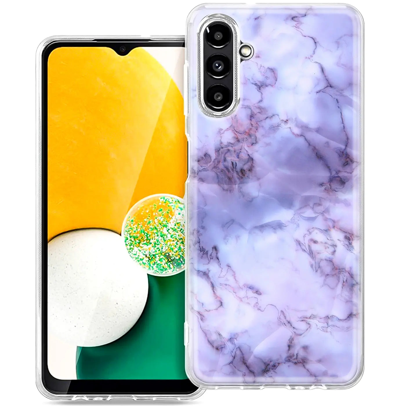 Lila Marmor-TPU-Hülle auf Samsung Galaxy A13 5G/A04s, Vorderansicht.