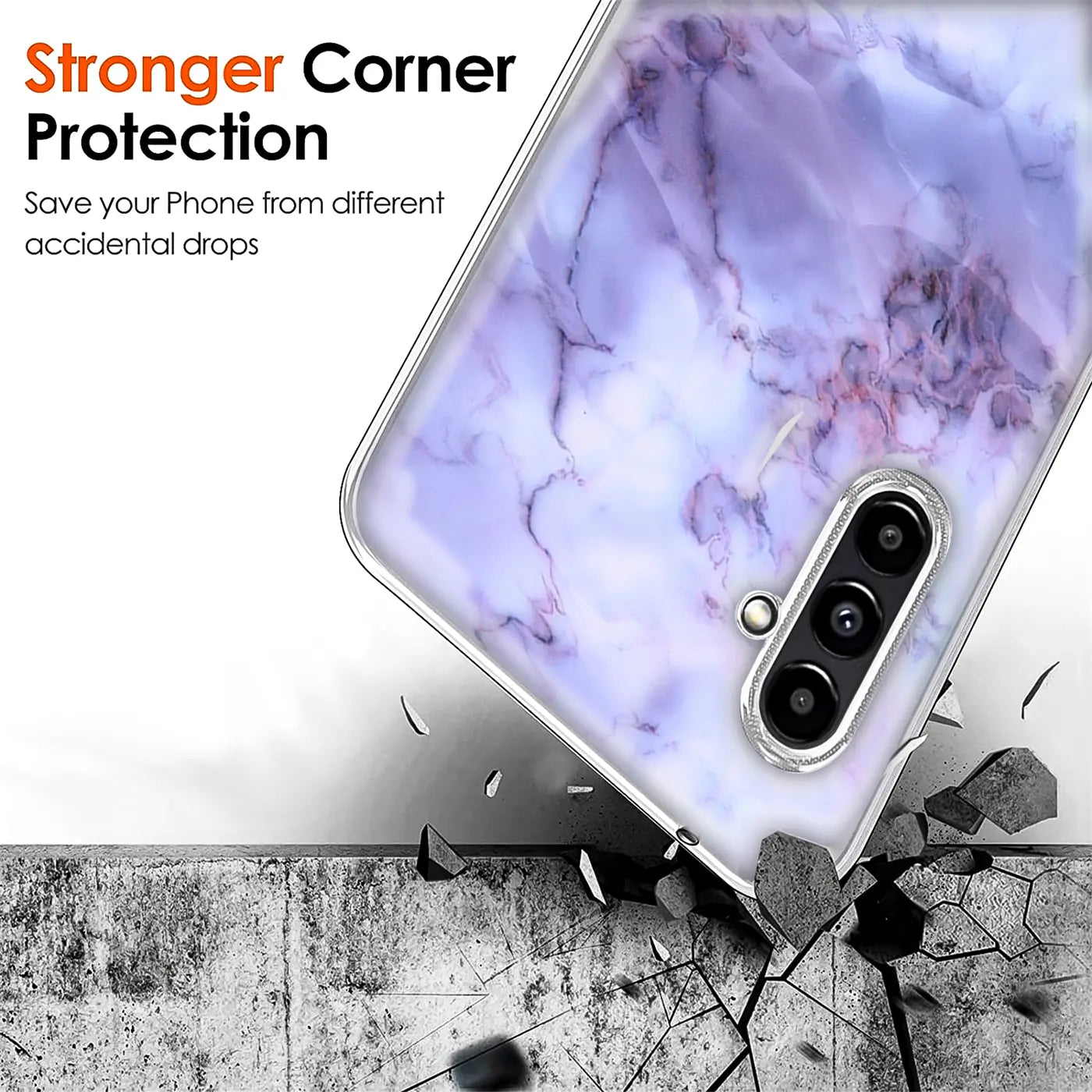 Lila Marmor-TPU-Hülle für Samsung Galaxy A13 5G / A04s, von oben schräg fotografiert.