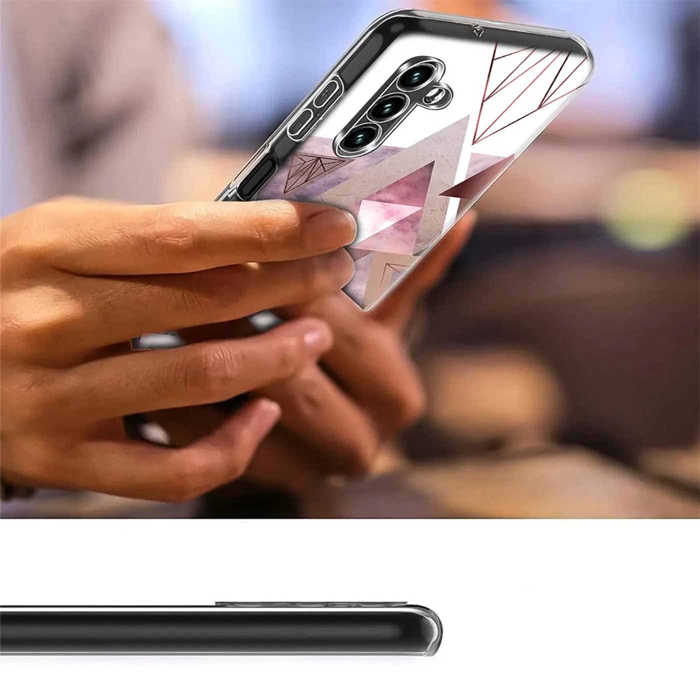TPU Hülle mit rosa geometrischem Muster, von vorne gehalten, erkennbares Samsung Galaxy A13 5G / A04s.
