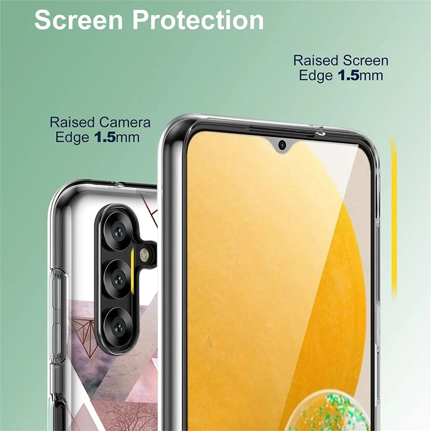 Transparente TPU-Hülle mit Motivdruck, Vorder- und Rückansicht eines Samsung Galaxy A13 5G.