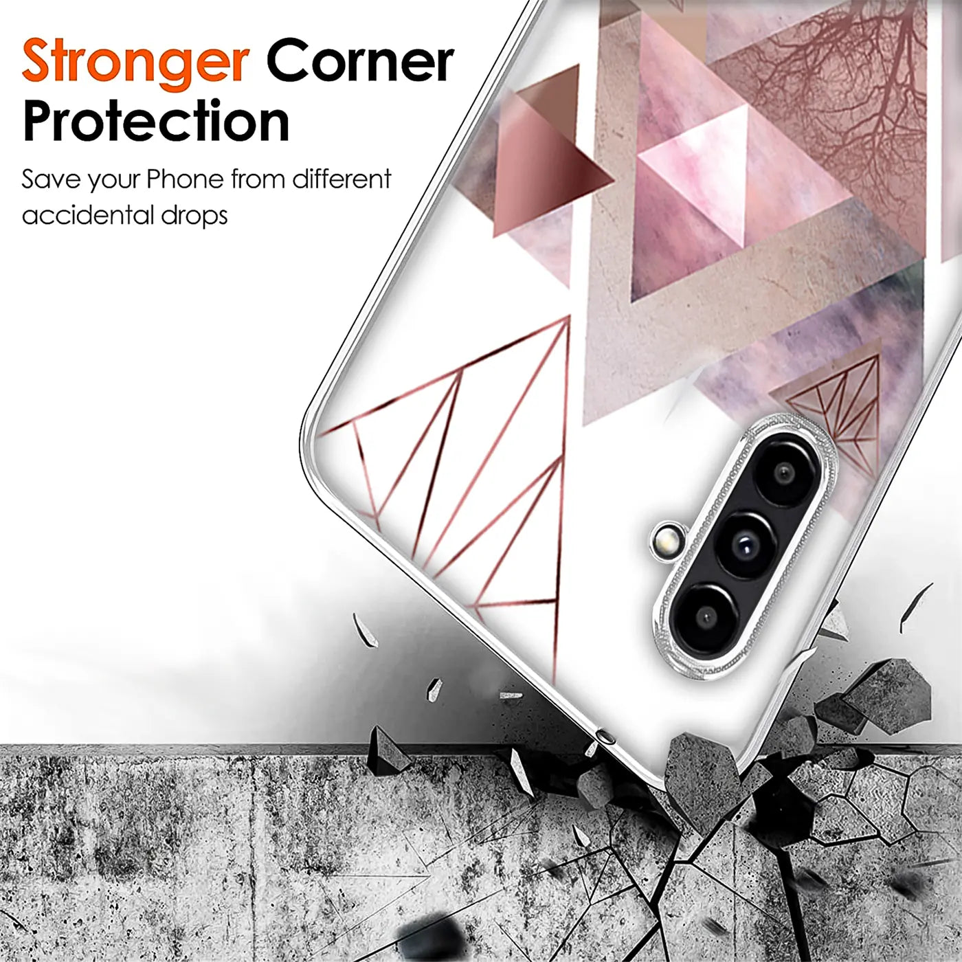 TPU Hülle mit geometrischem Motiv in Roségold und Rosa auf weißem Hintergrund, Nahaufnahme, Samsung Galaxy A13 5G/A04s.