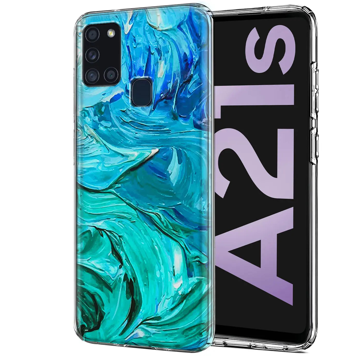 TPU Hülle mit blau-grünem Farbauftrag-Motiv, Vorderansicht, Samsung Galaxy A21s.