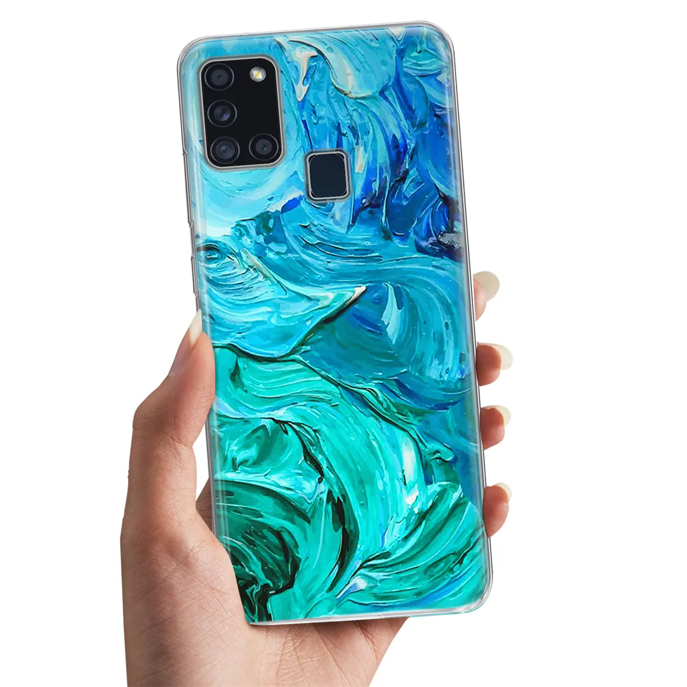 Samsung Galaxy A21s TPU Hülle mit blau-grünem Farbverlauf-Motiv, von vorne gezeigt.
