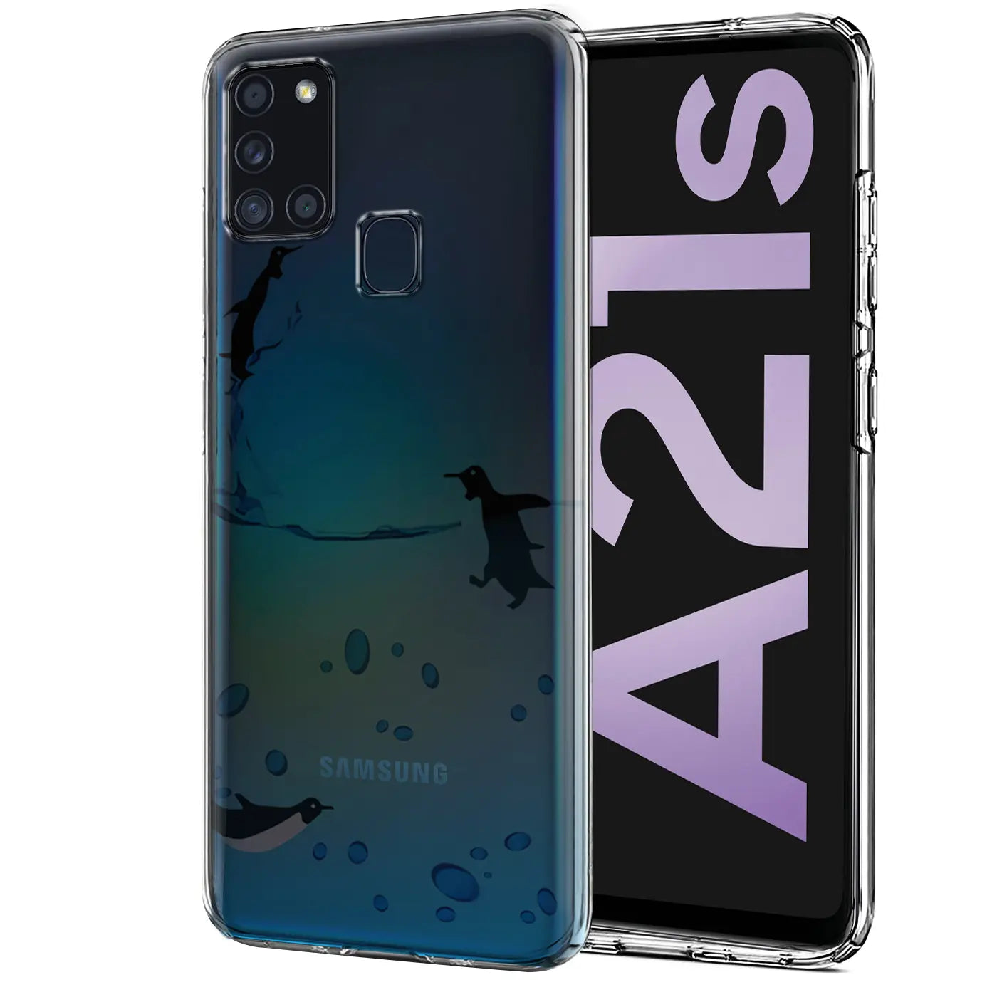 Samsung Galaxy A21s Hülle, transparentes TPU, Pinguin-Motiv, Vorderansicht.