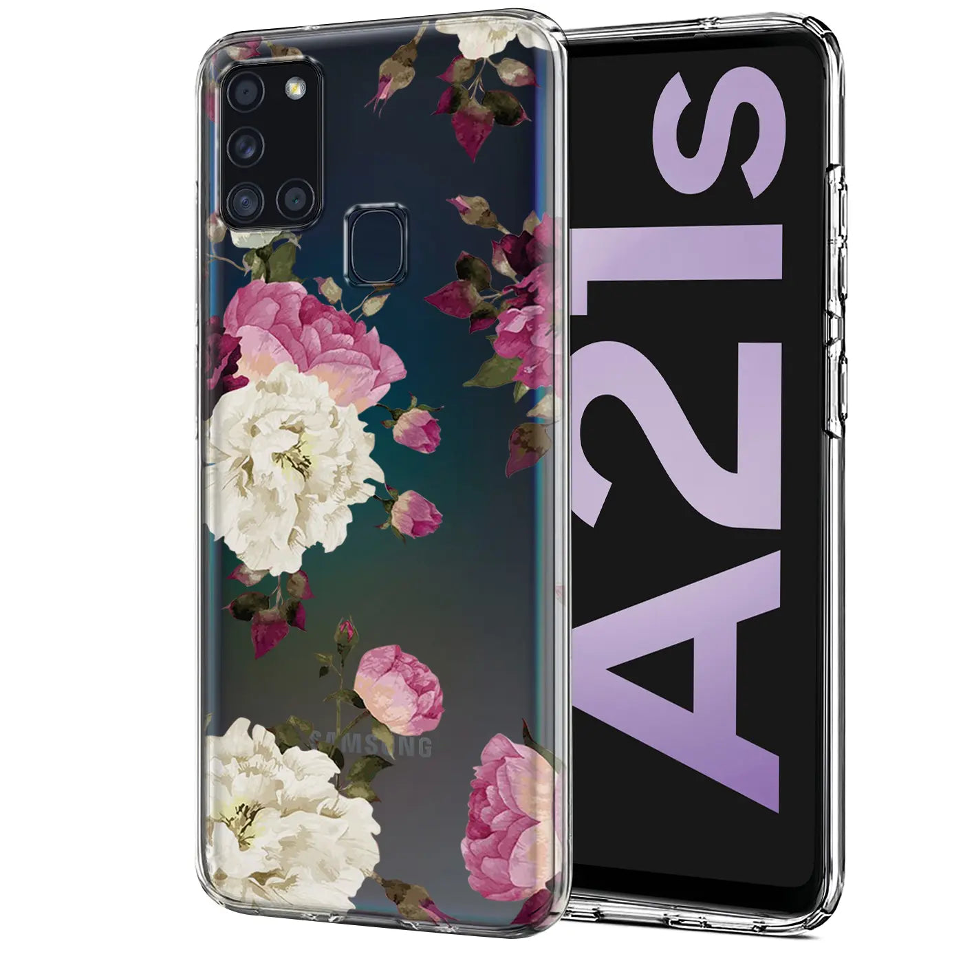Transparente TPU-Hülle mit Blumenmuster für Samsung Galaxy A21s, von vorne leicht schräg
