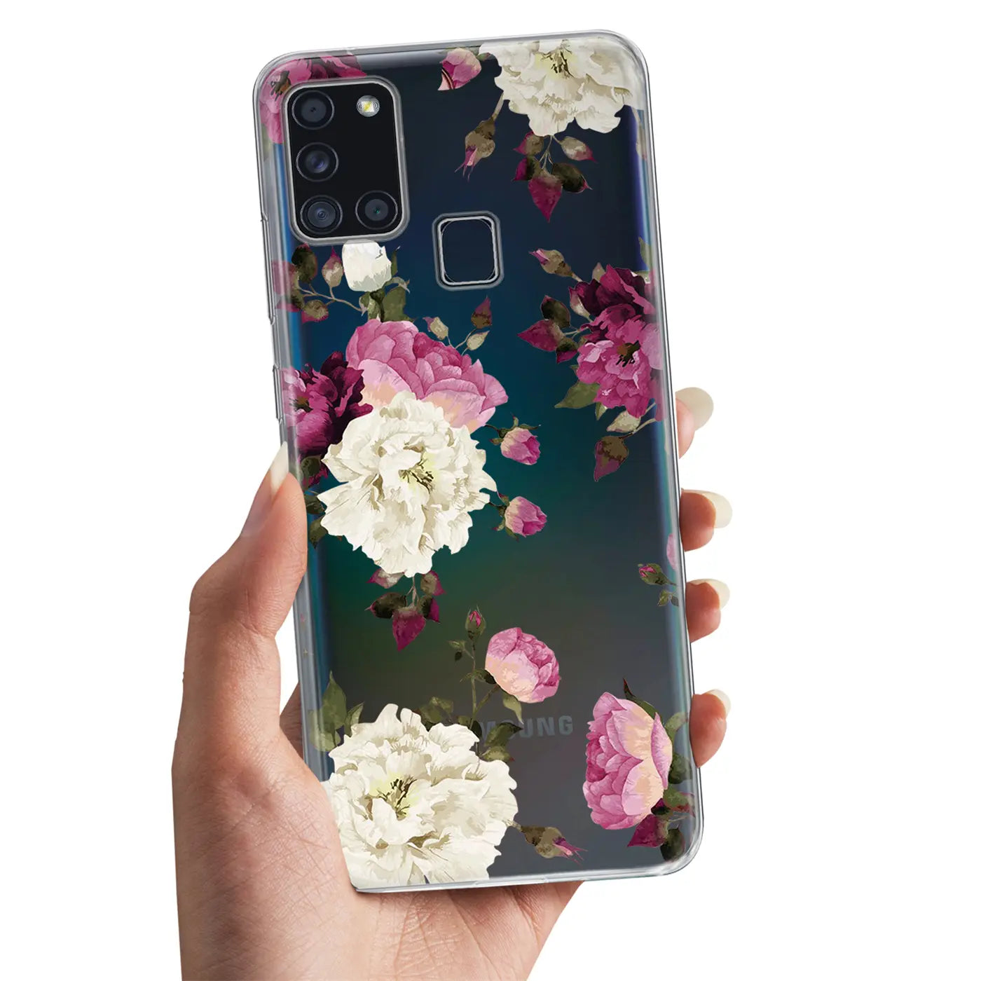 Samsung Galaxy A21s Hülle, TPU, Blumenmuster, Weiß/Pink, Rückansicht