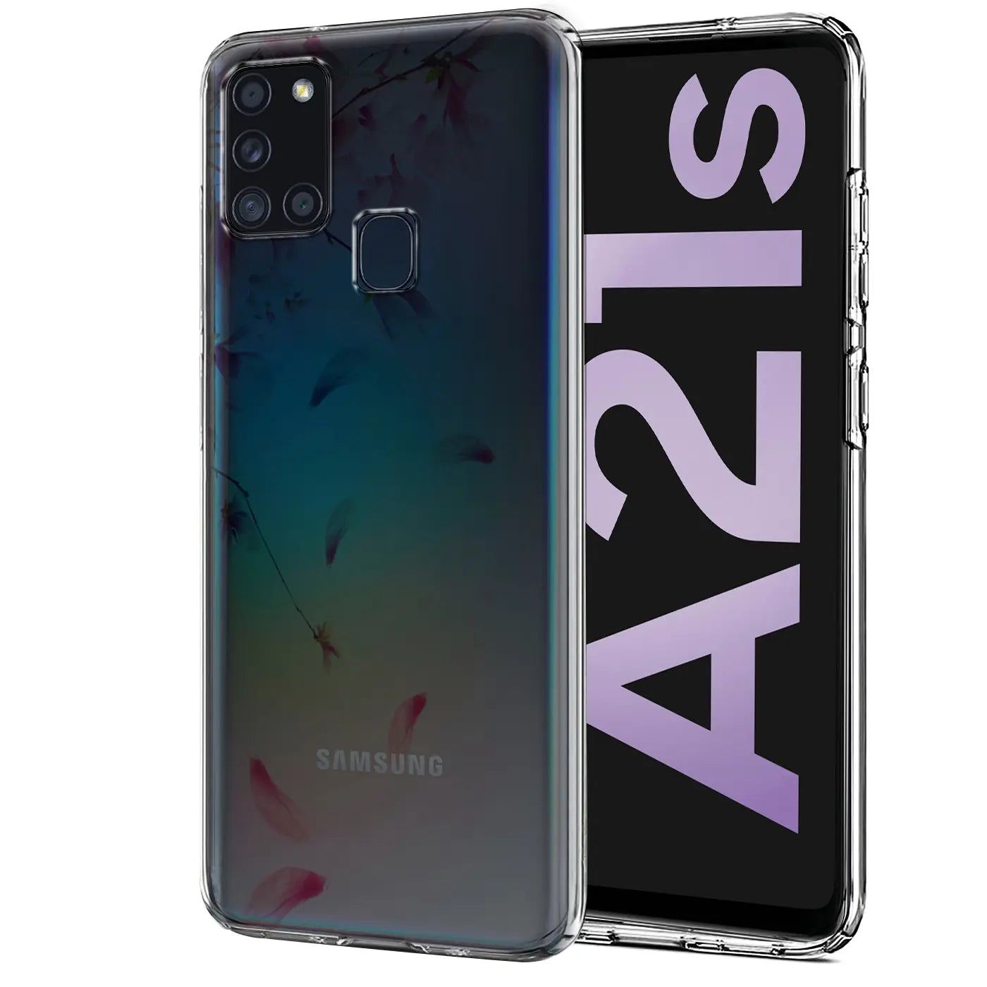 Samsung Galaxy A21s Hülle, transparentes TPU, Motivdruck, Vorder- und Rückansicht