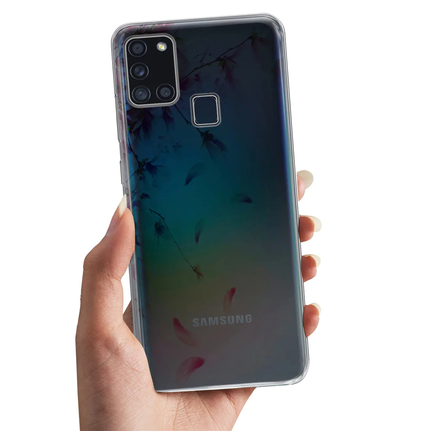 Samsung Galaxy A21s mit blauer/pinker Motiv-TPU-Hülle, von hinten gehalten.