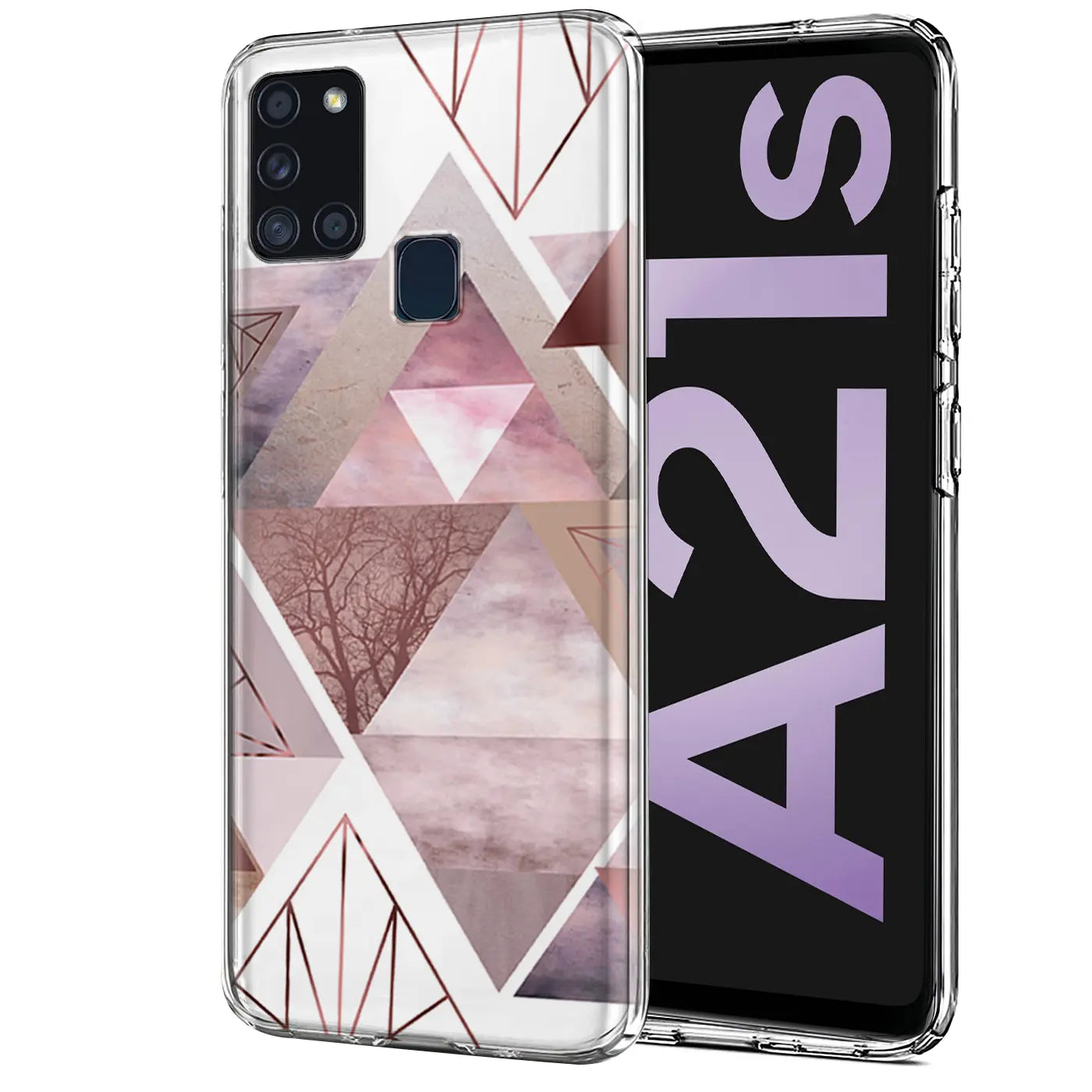 Samsung Galaxy A21s Hülle aus TPU mit geometrischem Motiv, Vorderansicht.