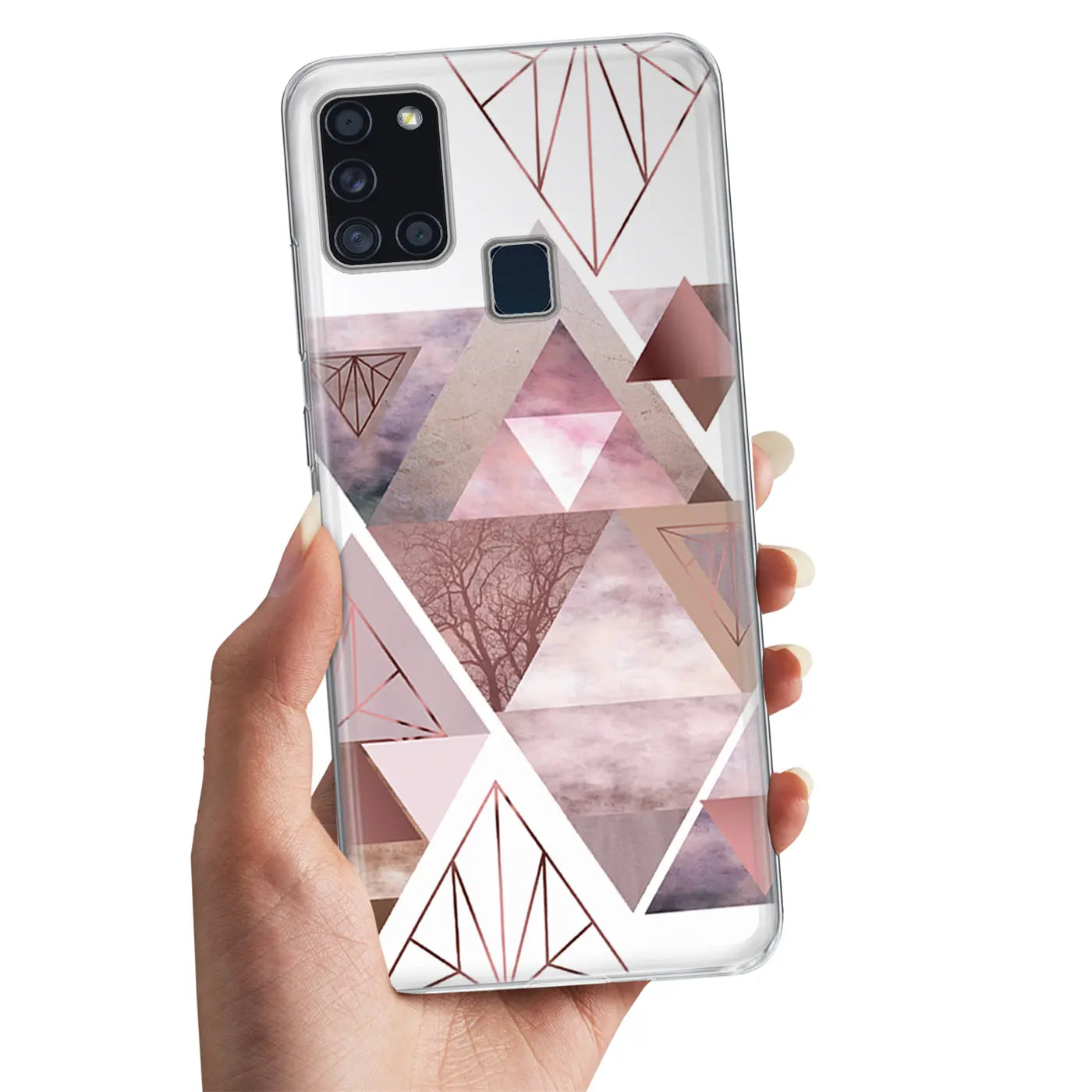 Samsung Galaxy A21s Hülle aus transparentem TPU mit geometrischem Motiv in Rosa/Kupfer, von vorne gehalten.