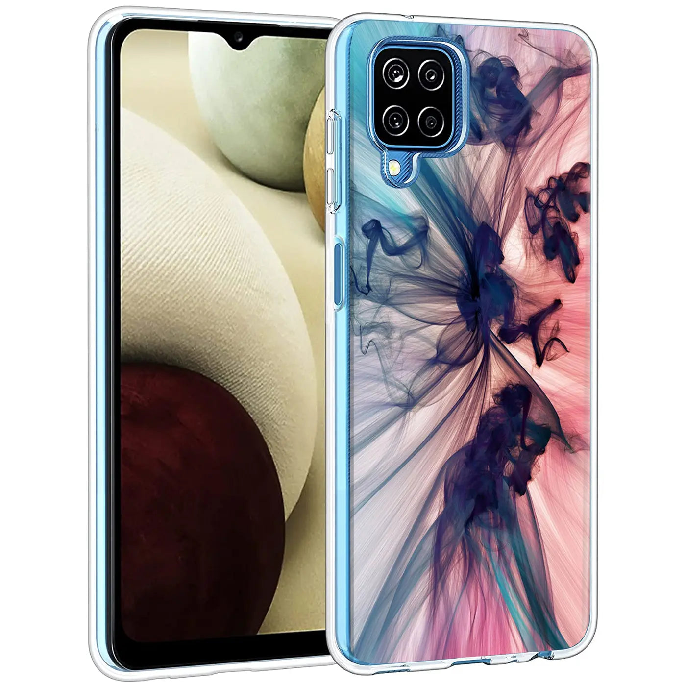 TPU Hülle mit blau-pinkem Rauchmotiv, zeigt Samsung Galaxy A22 4G/M32/M22.