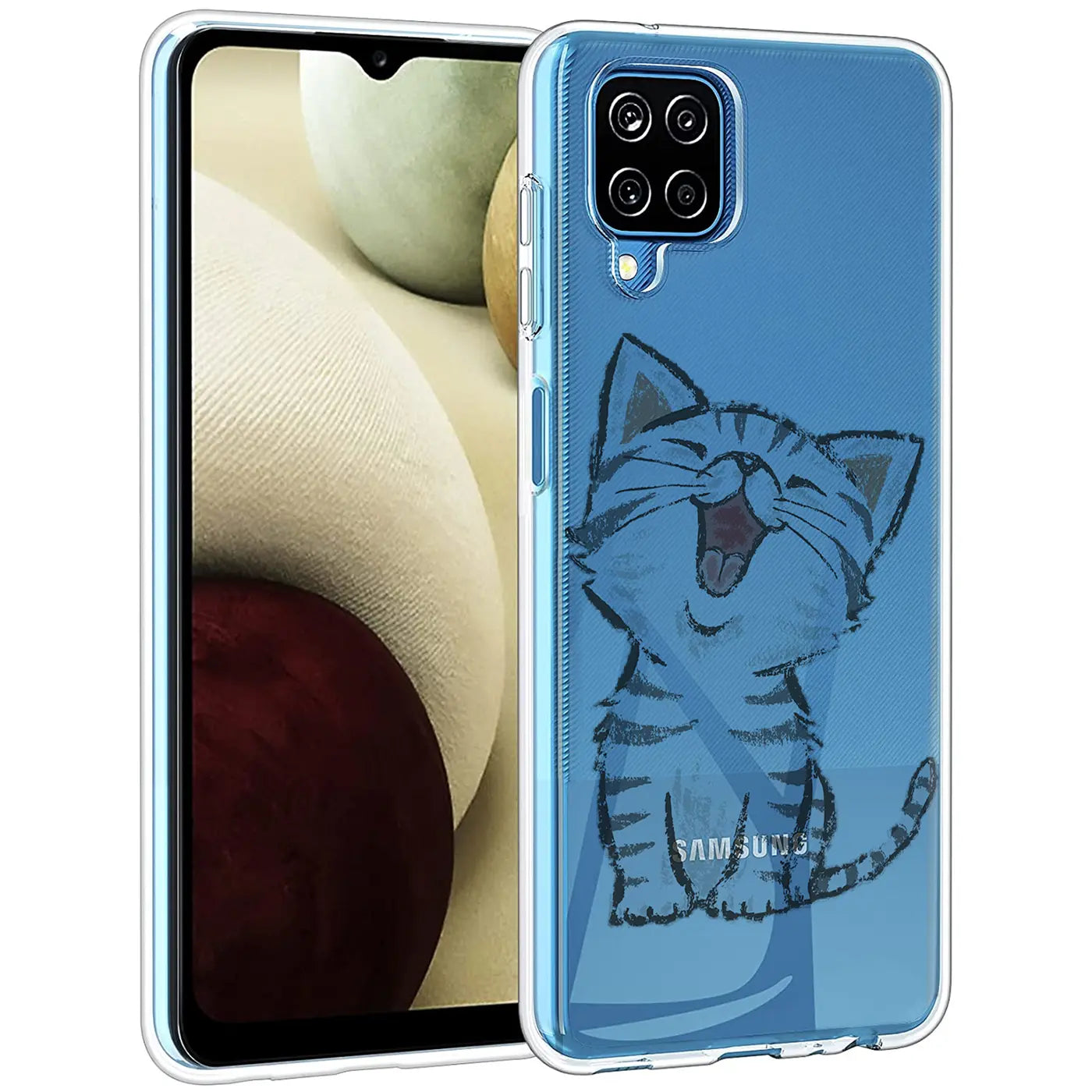 Blauer TPU-Case mit Katzenmotiv, Vorder- und Rückansicht, Samsung Galaxy A22 4G/M32/M22.