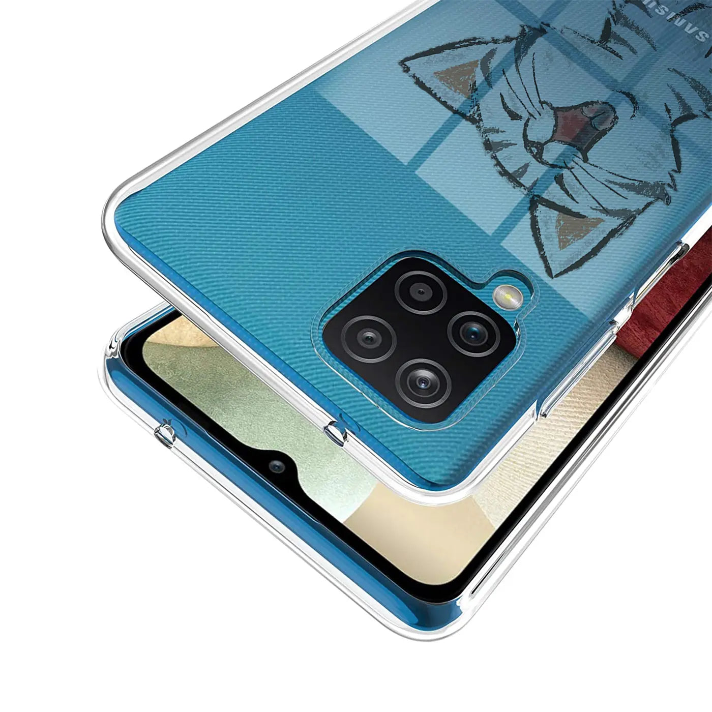 Blaue TPU Hülle mit Katzenmotiv auf Samsung A22 4G, Nahaufnahme.