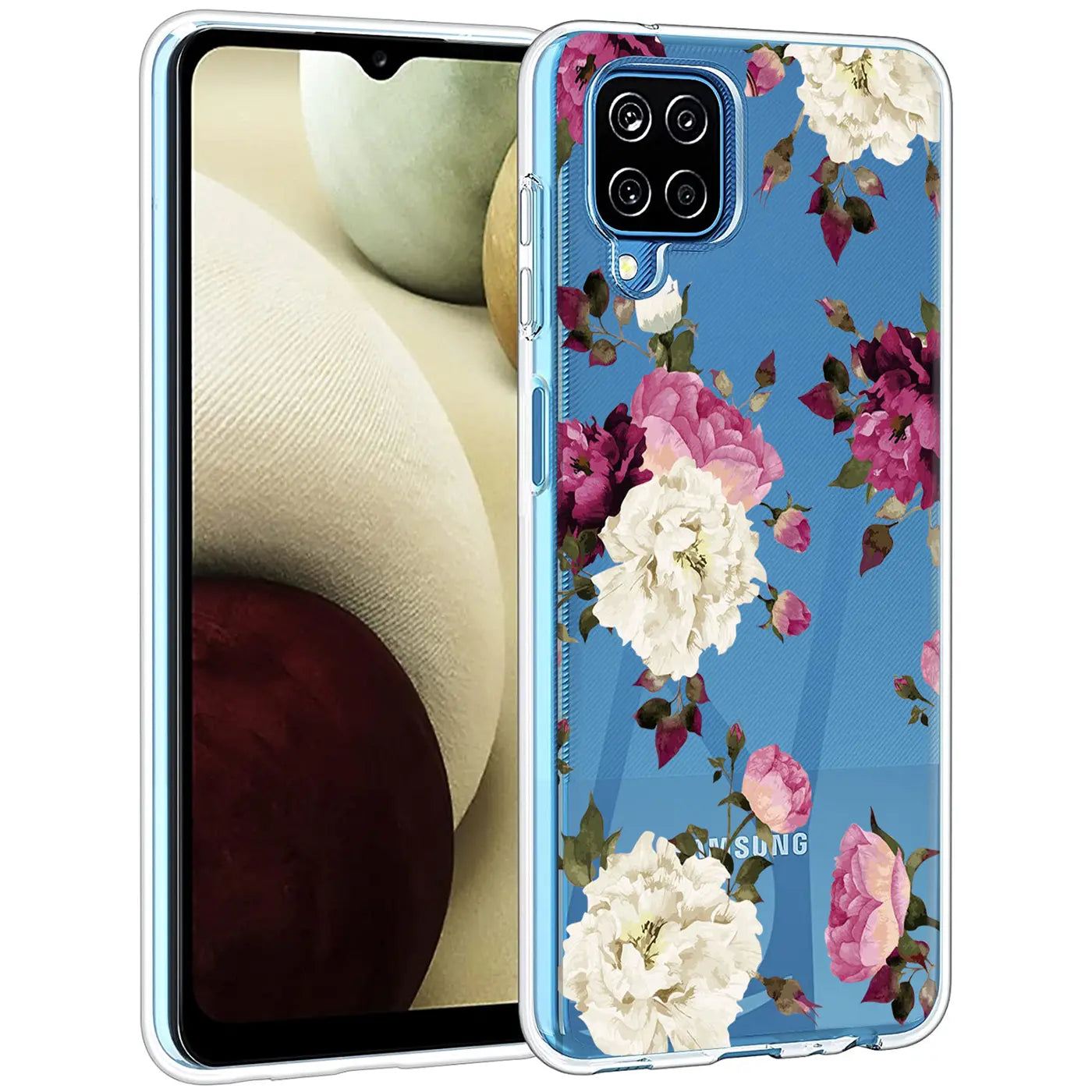 Transparente TPU-Hülle mit Blumenmuster auf blauem Hintergrund, seitliche Ansicht, zeigt Samsung Galaxy A22 4G.