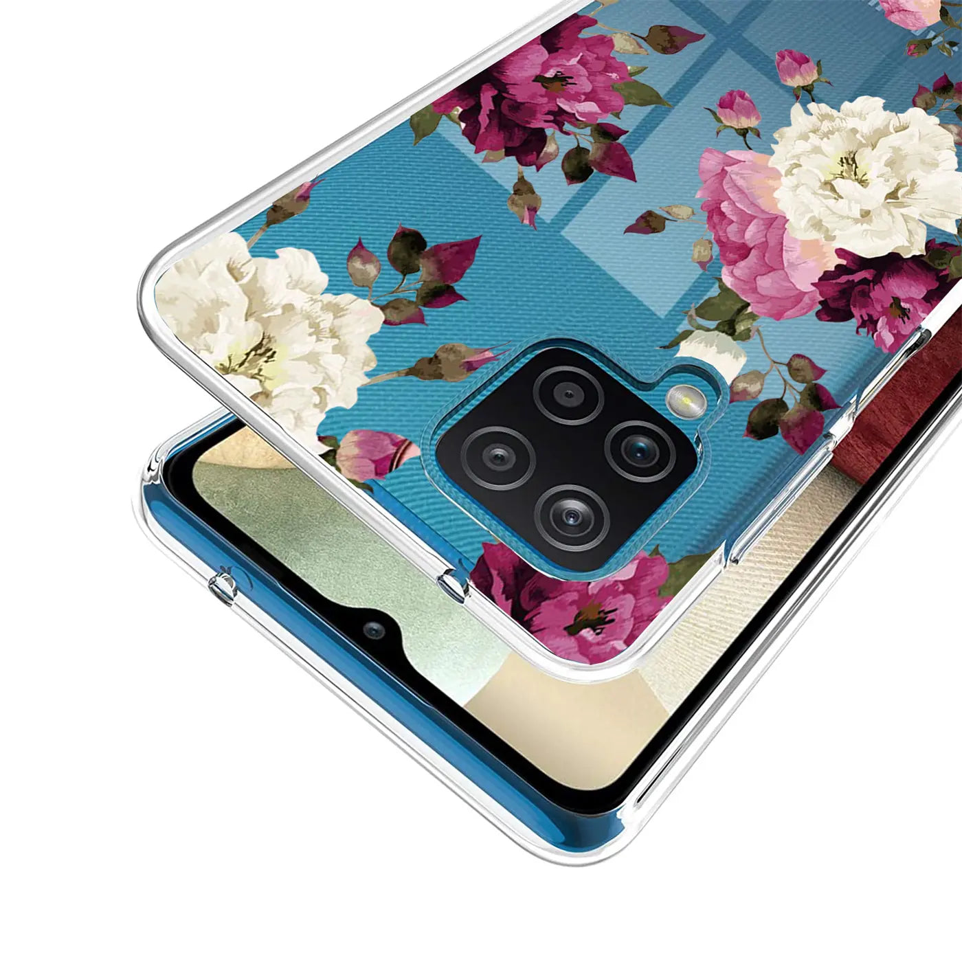 TPU Hülle mit Blumenmuster auf blauem Hintergrund, auf einem Samsung Galaxy A22 4G.
