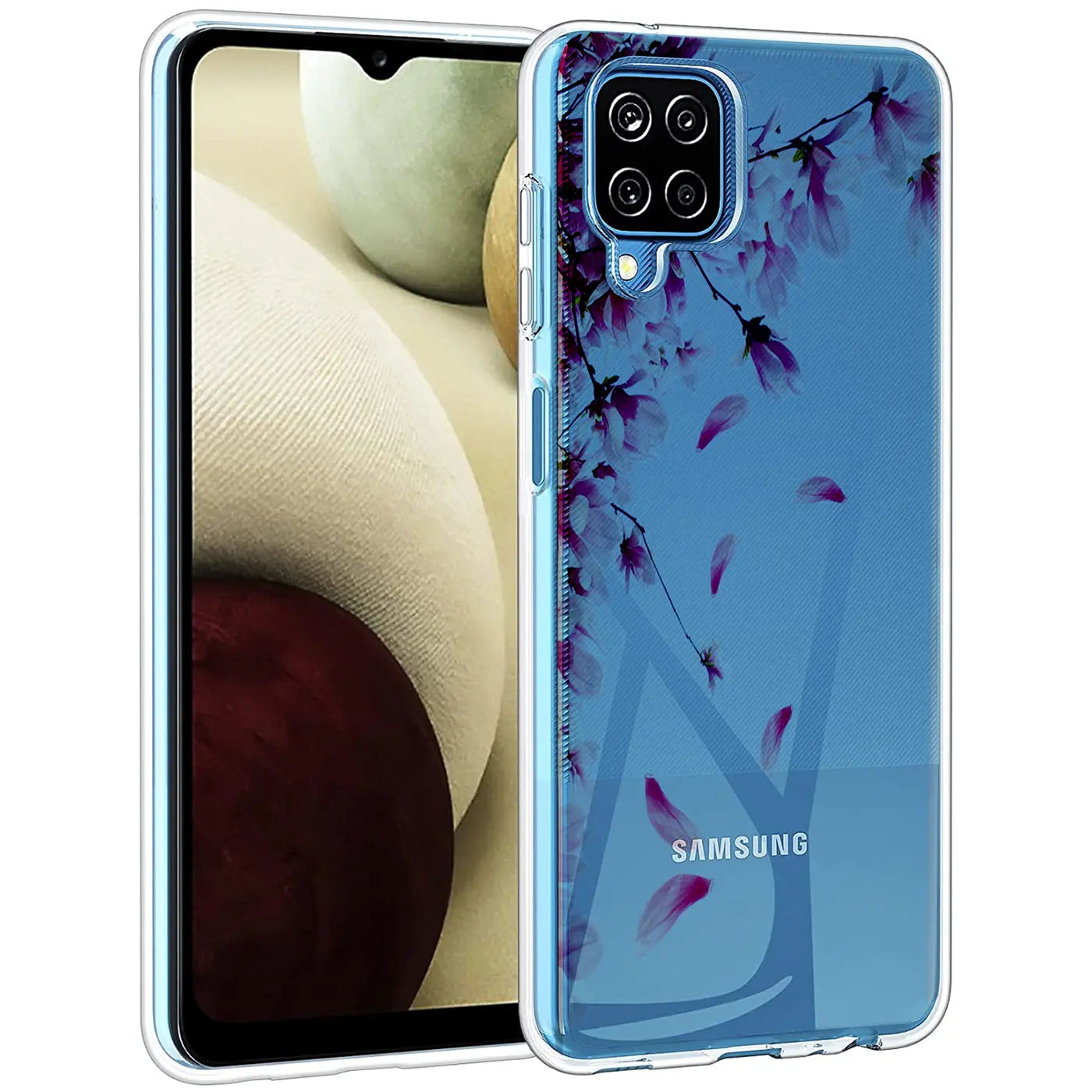 Transparente TPU-Hülle mit Blumenmotiv auf blauem Hintergrund, zeigt Samsung Galaxy A22 4G/M32/M22.