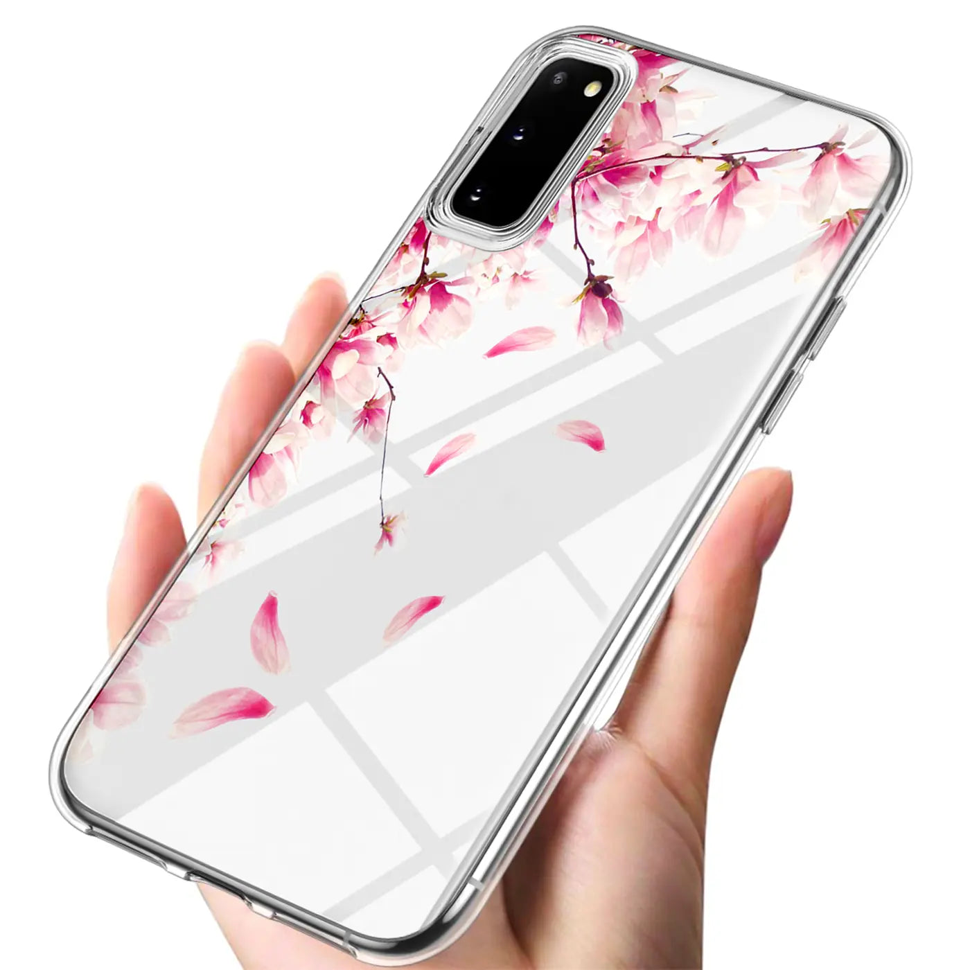 Transparente TPU-Hülle mit rosa Blütenmuster, von vorne gehalten, zeigt Samsung Galaxy A22 4G.