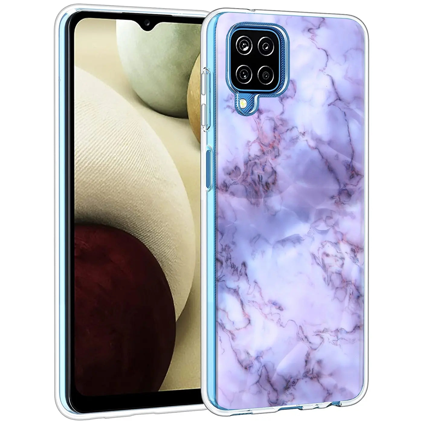 Lila Marmor-TPU-Hülle mit Motivdruck auf einem Samsung Galaxy A22 4G.