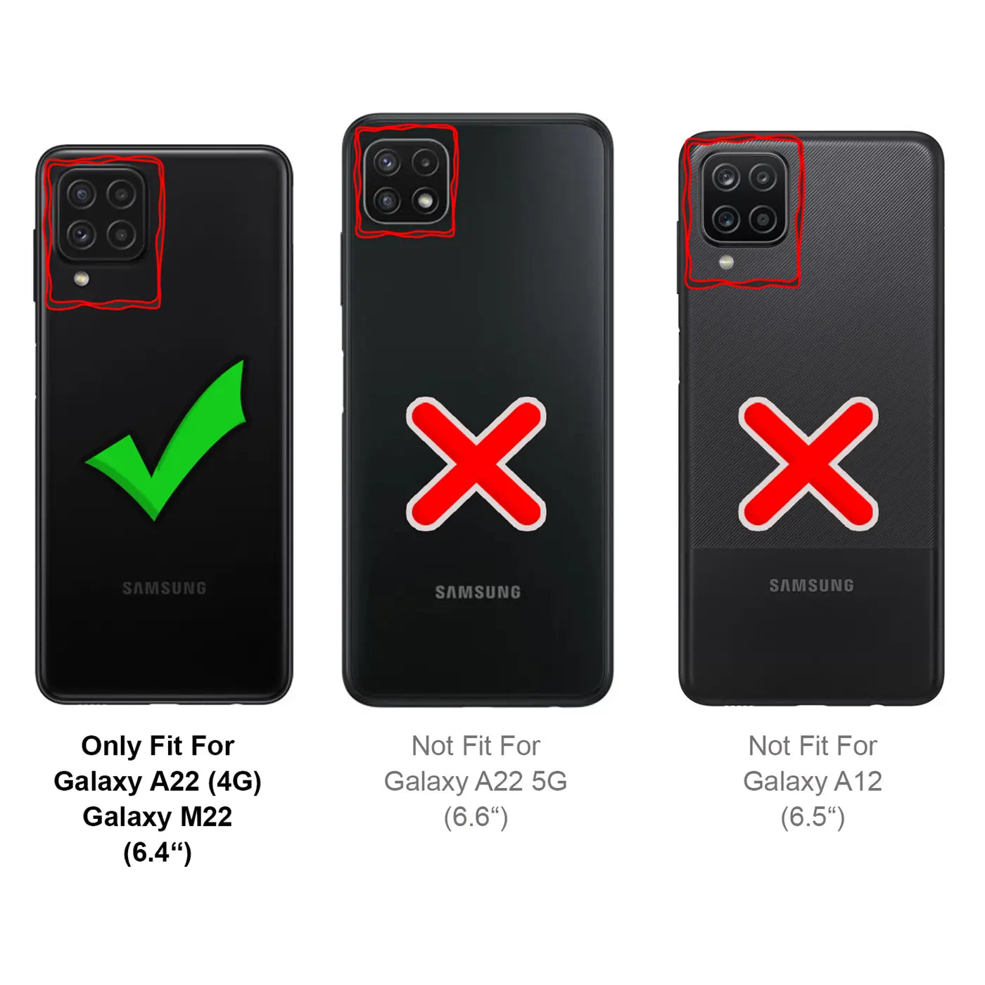 Drei schwarze Samsung-Handys, Rückansicht. Links mit Häkchen, rechts mit Kreuz.