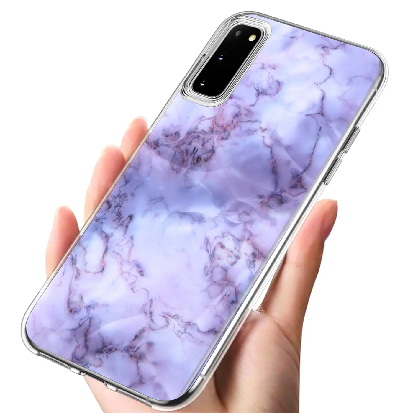 Lila Marmor-TPU-Hülle auf einem Samsung Galaxy A22 4G/M32/M22, von oben rechts.