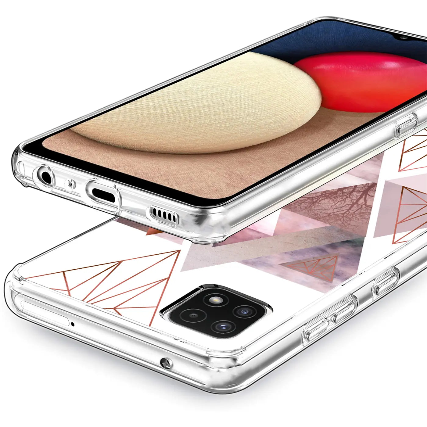 Samsung Galaxy A22 5G in transparenter TPU-Hülle mit rosa geometrischem Muster, Seitenansicht.