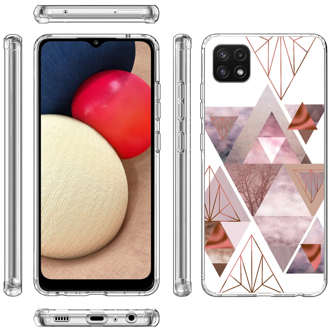 Samsung Galaxy A22 5G Hülle, transparentes TPU, geometrisches Muster, Vorder-, Seiten- und Rückansicht