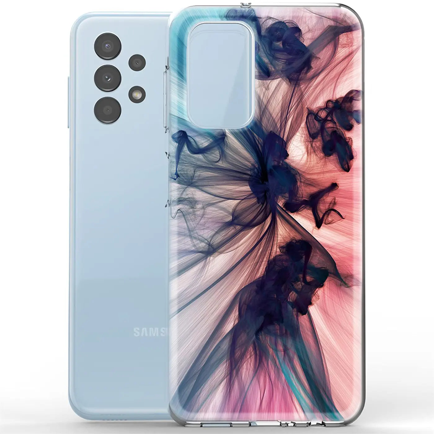 Samsung Galaxy A23 5G mit TPU-Hülle, Motivdruck, blau/pink, von vorne links
