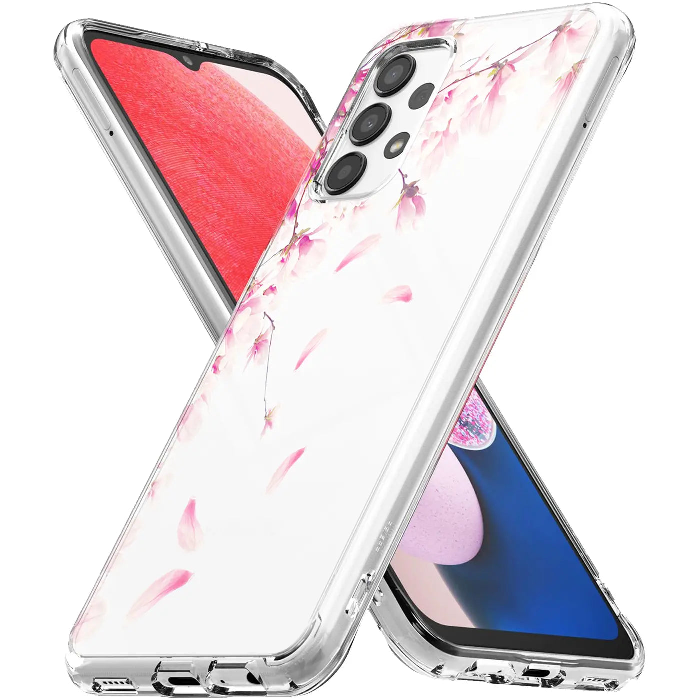 Transparente TPU-Hülle mit rosa Blütenmotiv, seitliche Ansicht, Samsung Galaxy A23 5G.