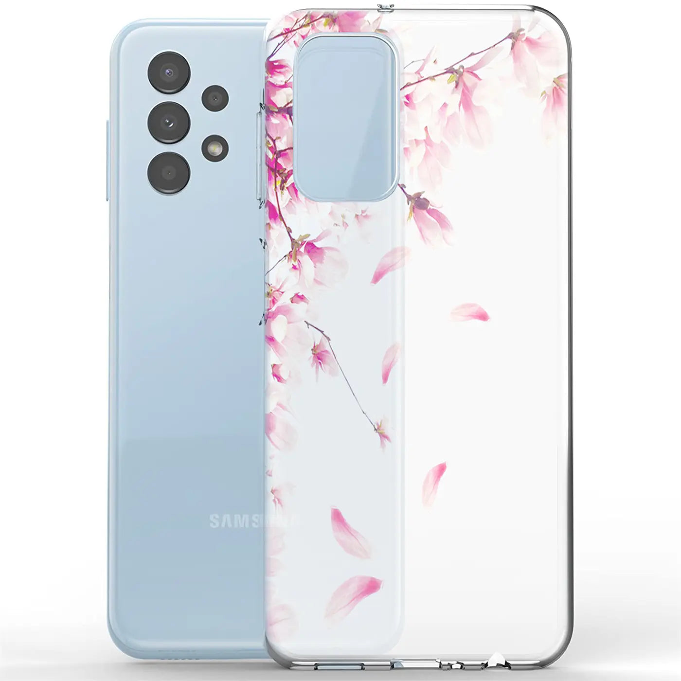 Samsung Galaxy A23 5G mit transparenter TPU-Hülle, Motiv: rosa Blüten, von vorne links