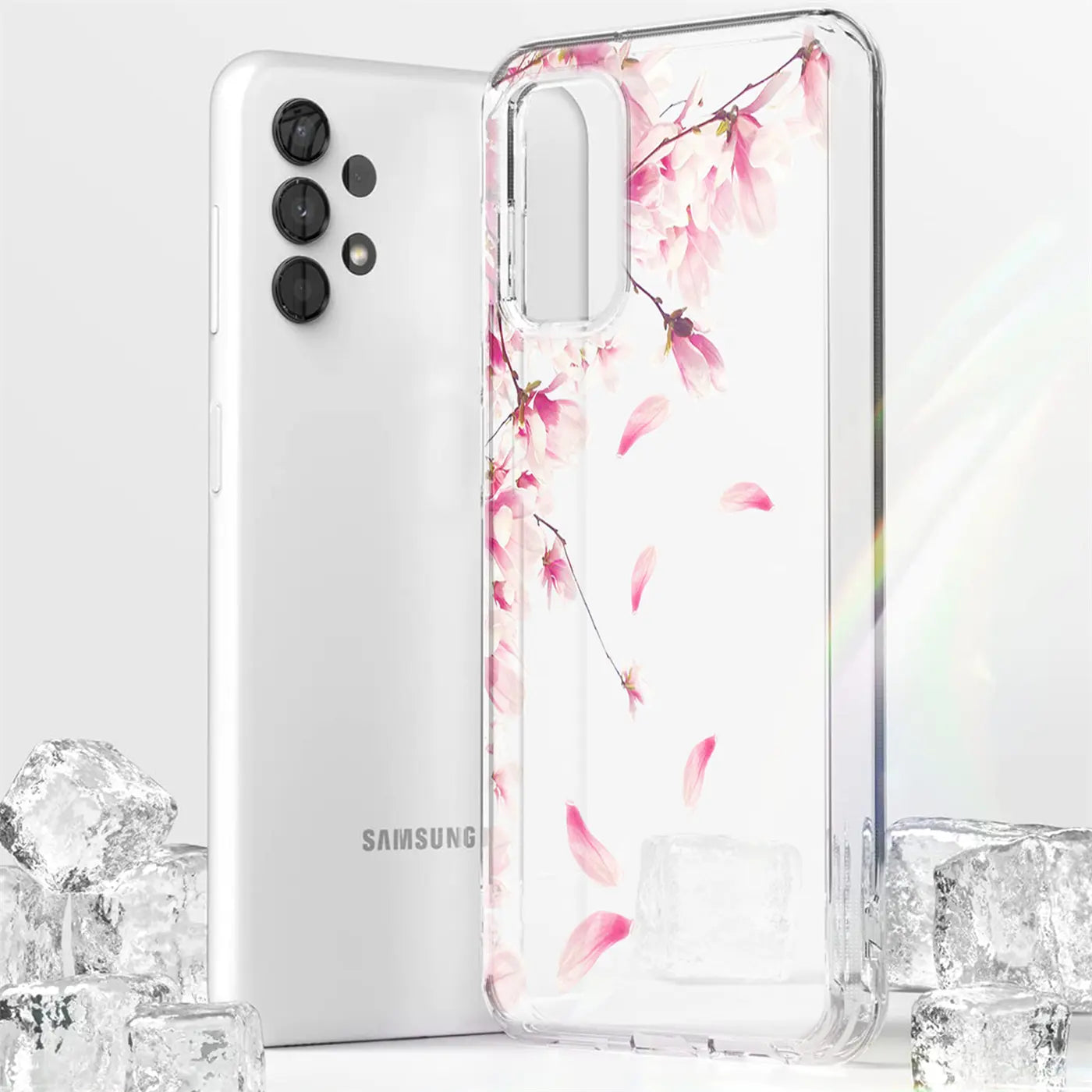 Samsung Galaxy A23 5G mit transparenter TPU-Hülle mit rosa Blütenmotiv, von vorne links gesehen.