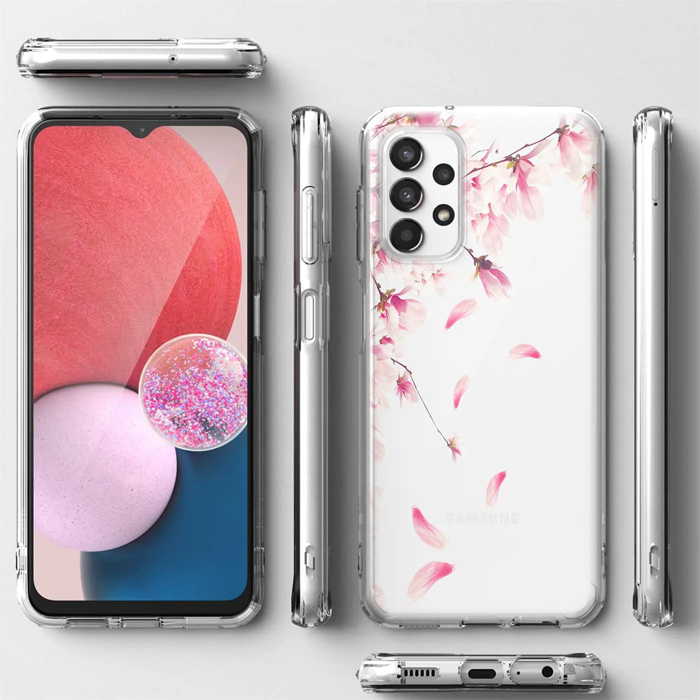 Samsung Galaxy A23 5G Hülle aus transparentem TPU mit Kirschblüten-Motiv, Vorder- und Rückansicht.