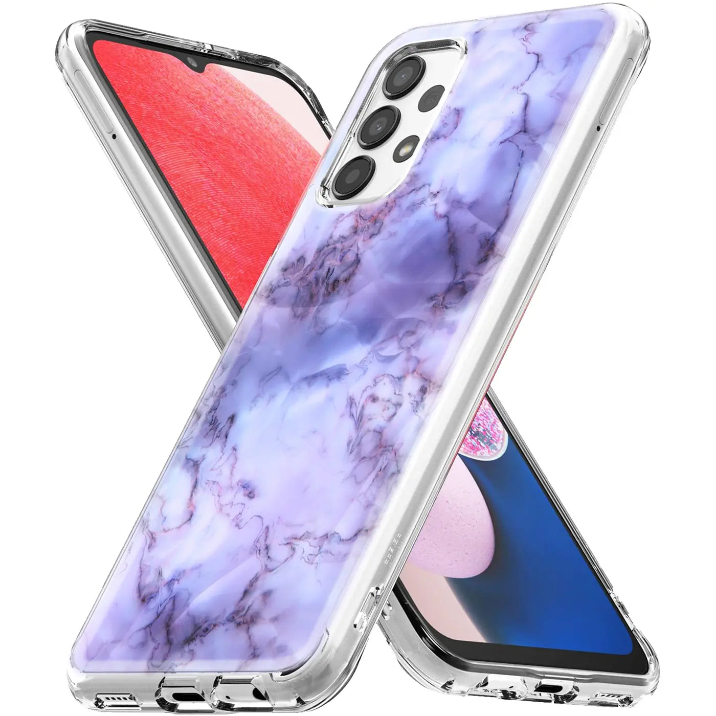 Lila Marmor TPU Hülle, schräg von vorne, Samsung Galaxy A23 5G erkennbar