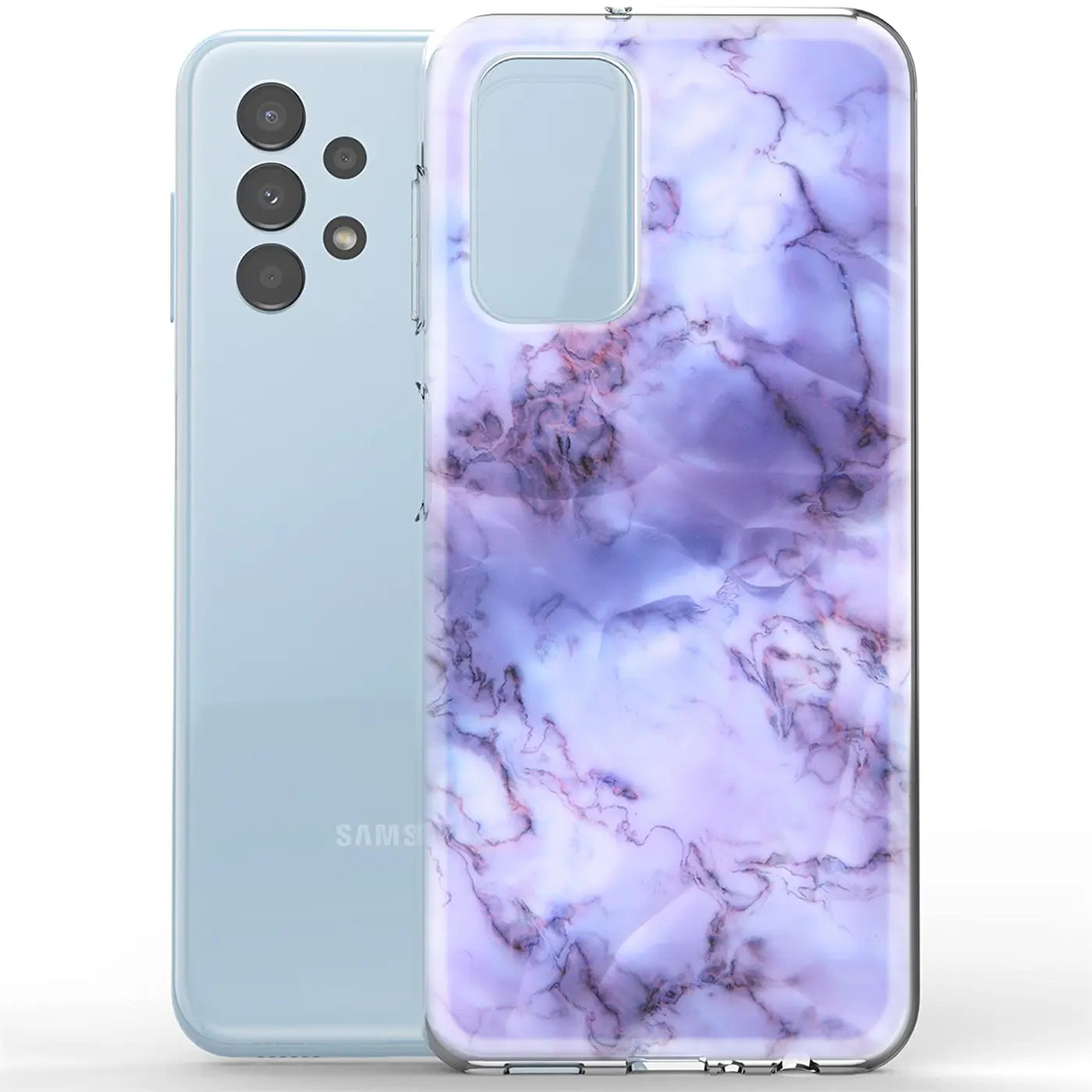 Samsung Galaxy A23 5G mit lila Marmor-TPU-Hülle, Vorder- und Rückansicht