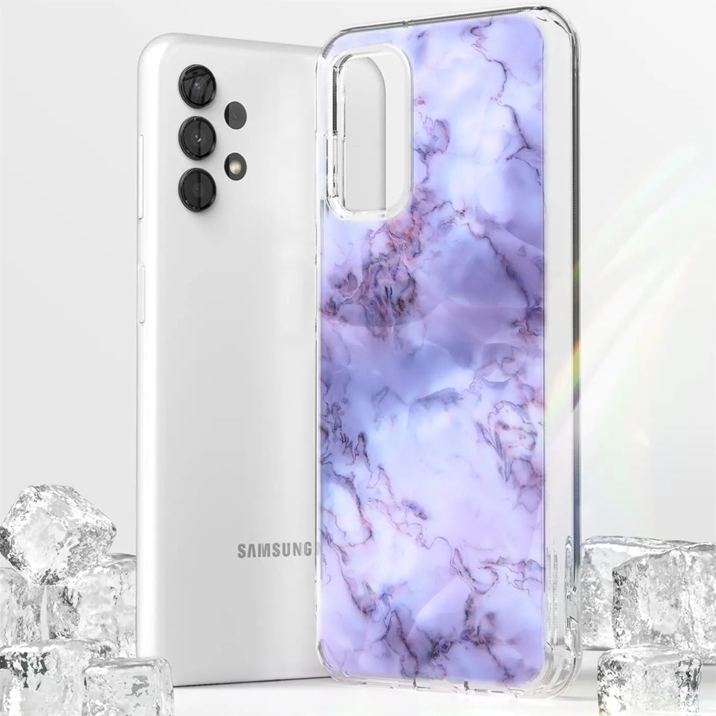 Samsung Galaxy A23 5G mit lila Marmor-TPU-Hülle, von vorne rechts betrachtet.
