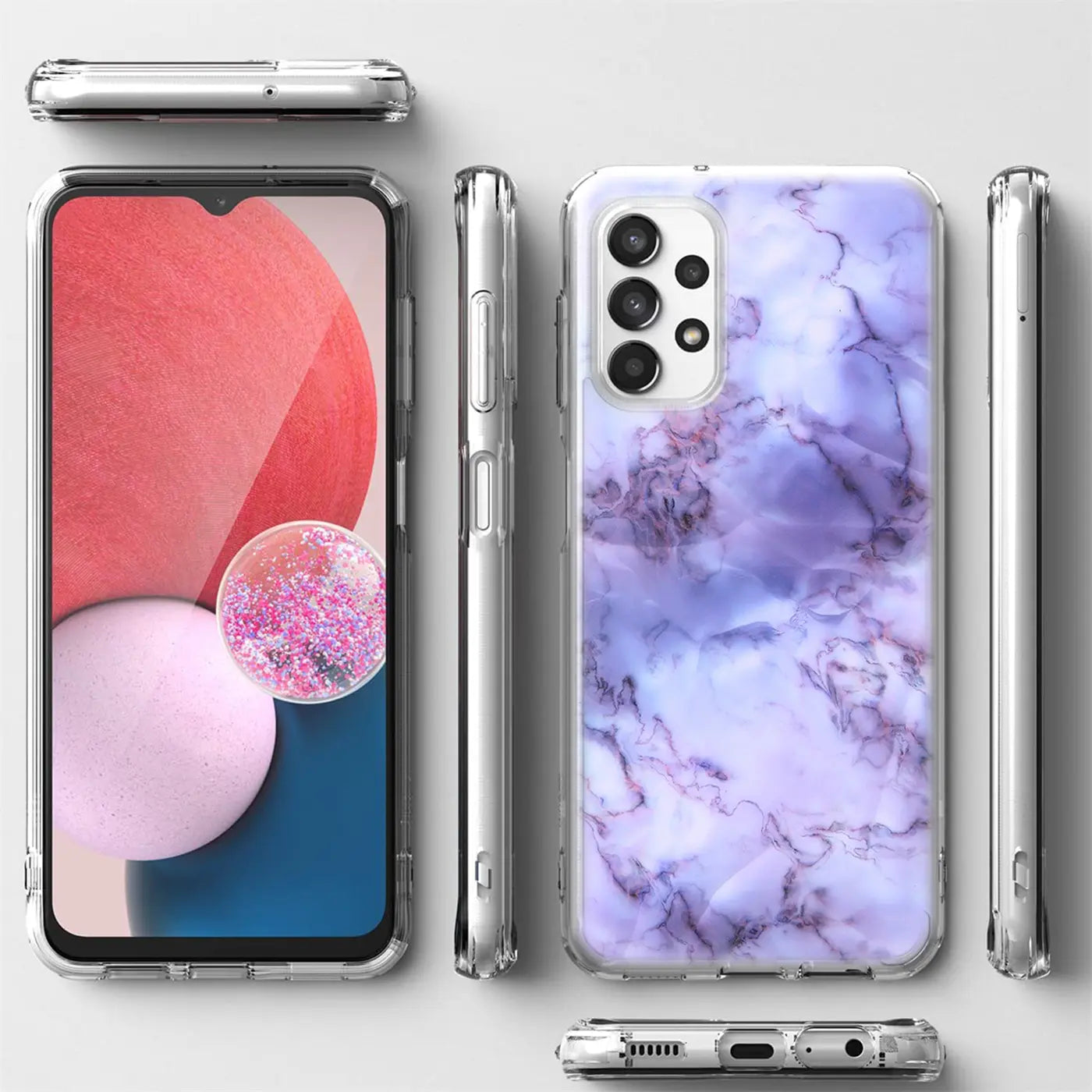 Samsung Galaxy A23 5G Hülle, lila Marmor-Muster, TPU, von vorne und Seite
