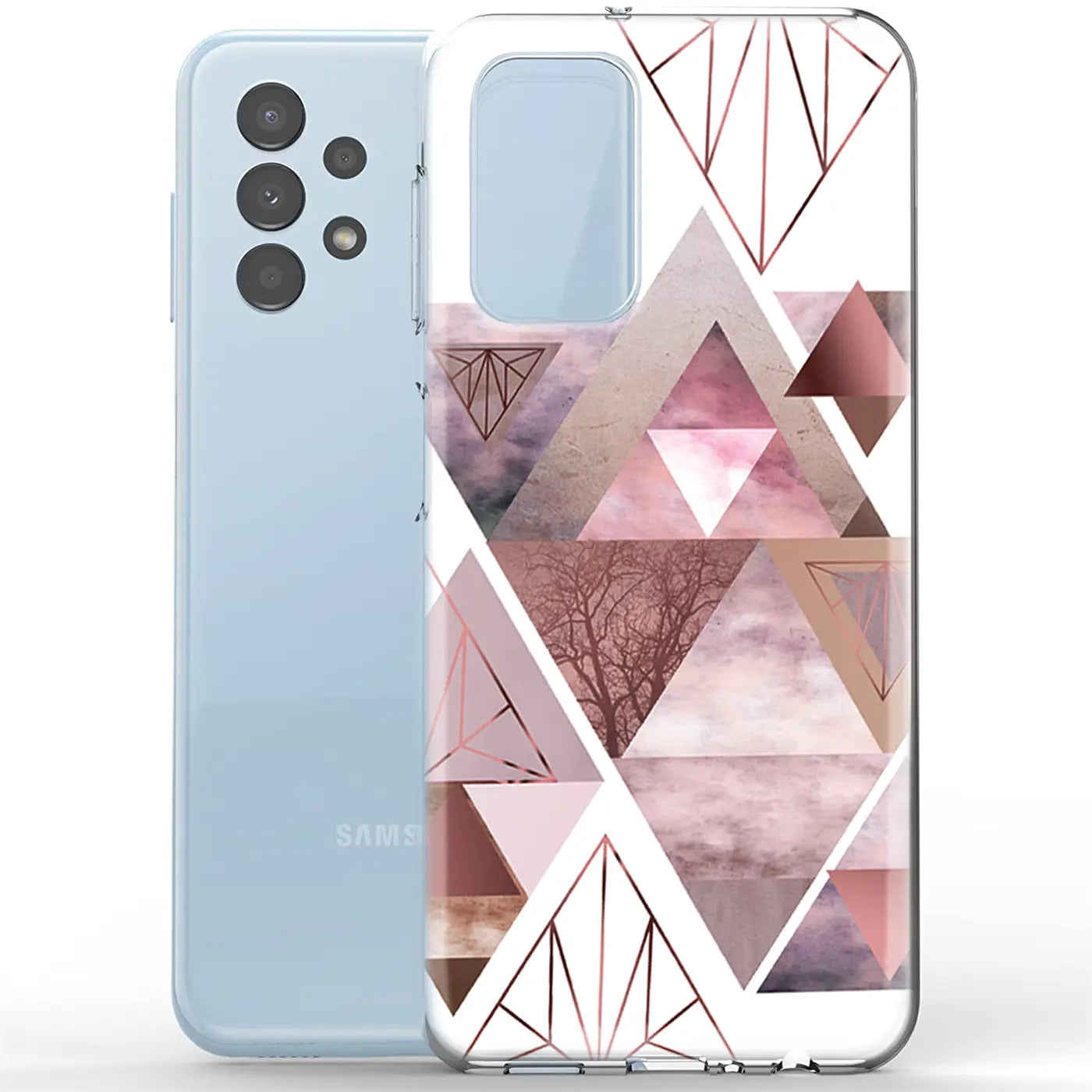 Samsung Galaxy A23 5G mit transparenter TPU-Hülle, geometrisches Motiv, Rosa/Kupfer, Vorderansicht