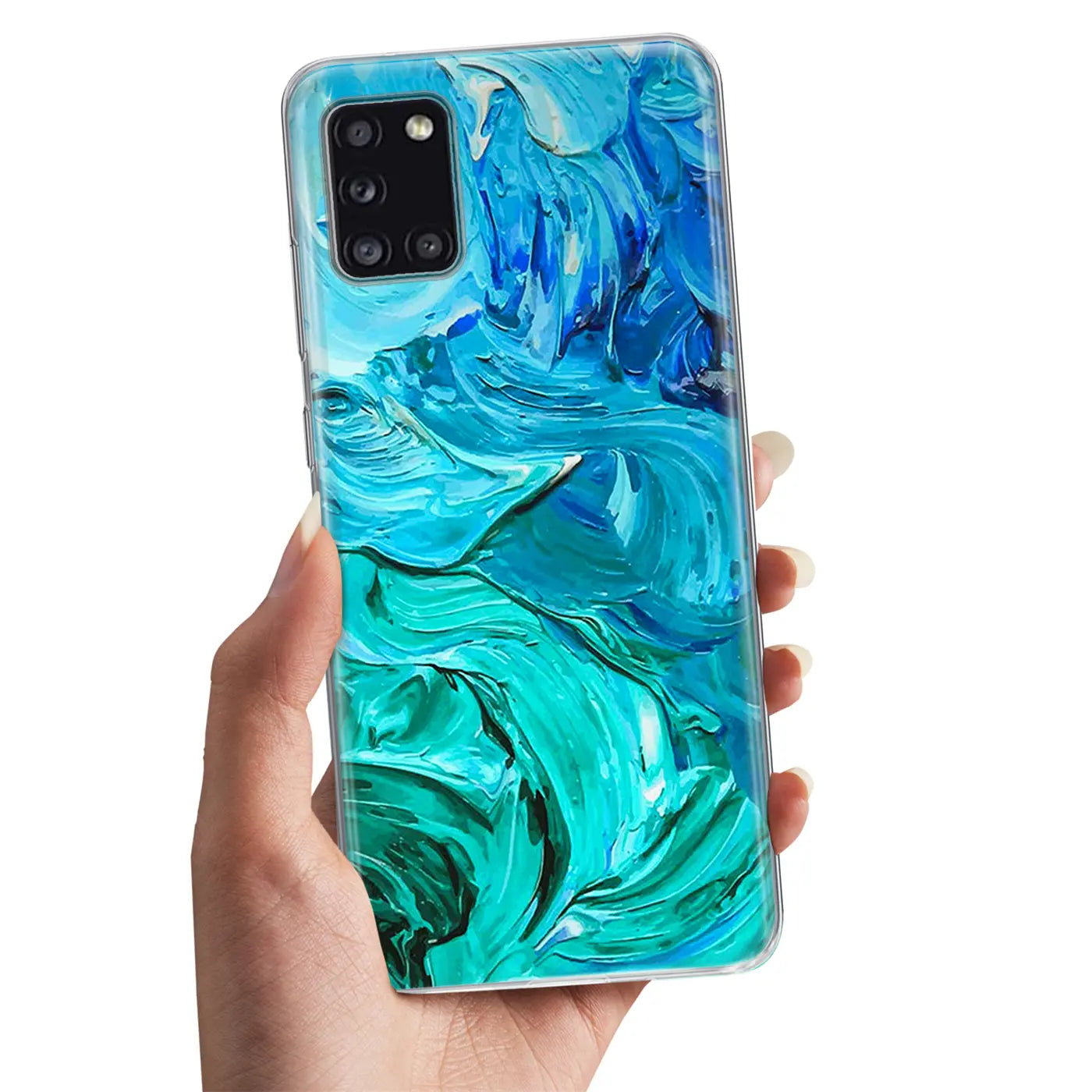 Samsung Galaxy A31 TPU Hülle mit blau-grünem Farbverlauf, von vorne, in der Hand
