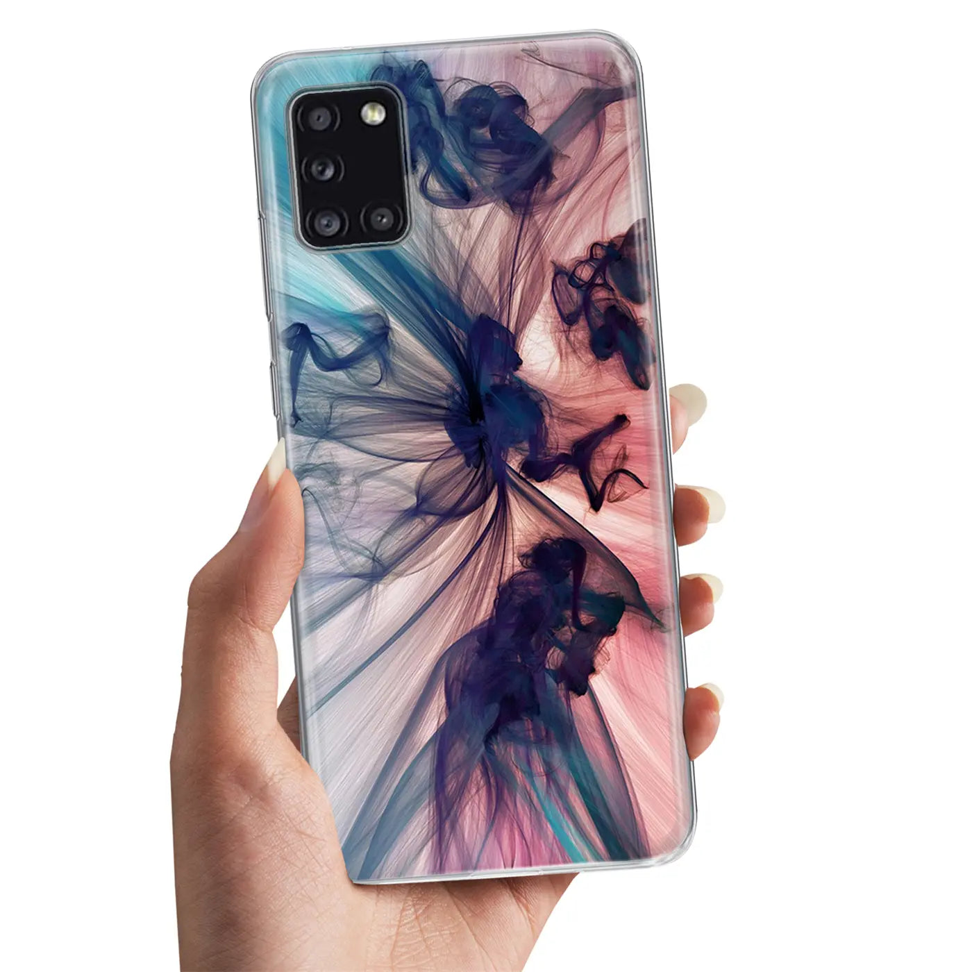 Samsung Galaxy A31 TPU Hülle mit blau-pinkem Rauch-Motiv, von vorne gehalten