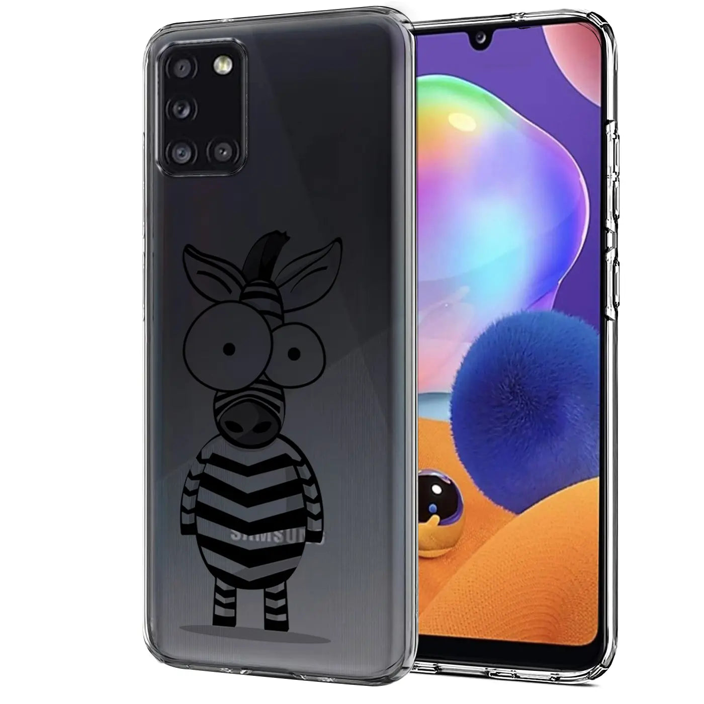 Samsung A31 TPU Hülle, transparent, mit Zebra-Motiv, von vorne schräg