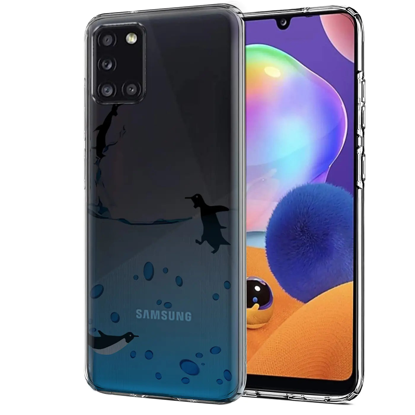Samsung Galaxy A31 Hülle, transparentes TPU, Pinguin-Motiv, von vorne/seitlich