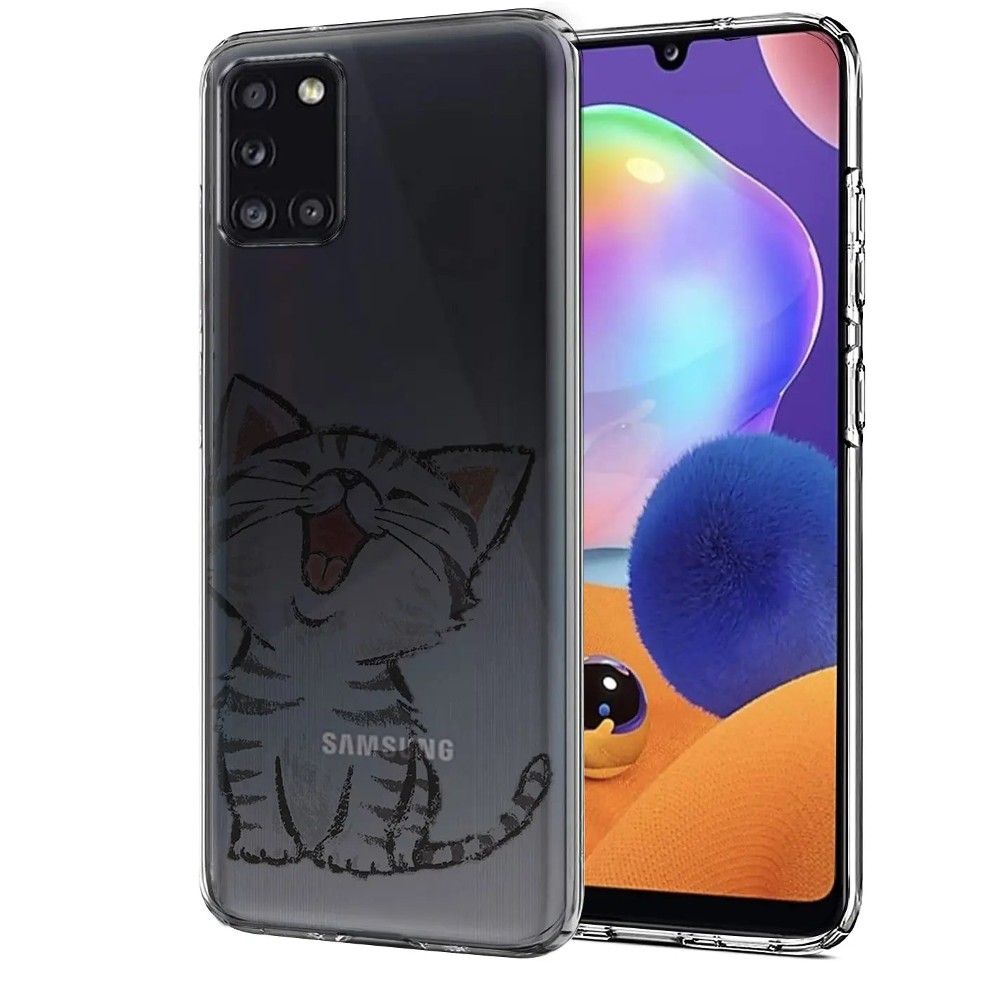 Transparente TPU-Hülle mit Katzenmotiv für Samsung Galaxy A31, von vorne schräg gezeigt.