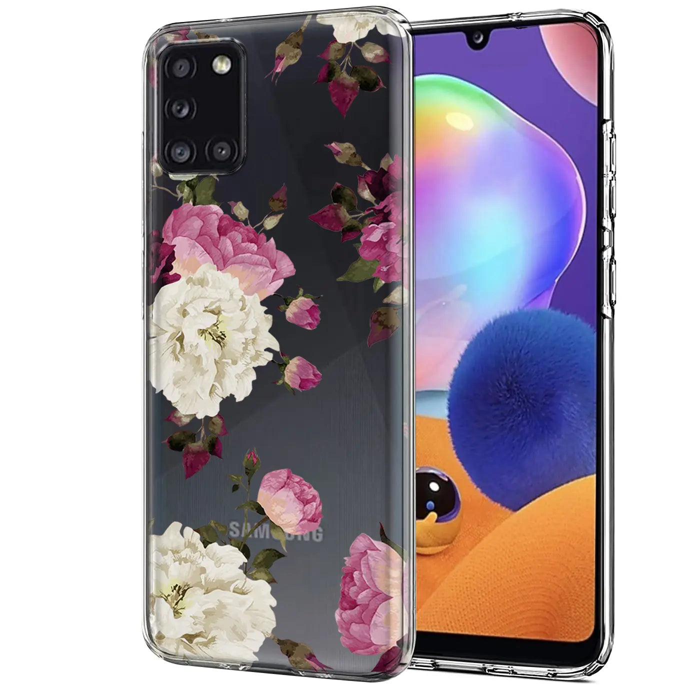 Transparente TPU-Hülle mit Blumenmuster für Samsung Galaxy A31, von vorne schräg gezeigt.