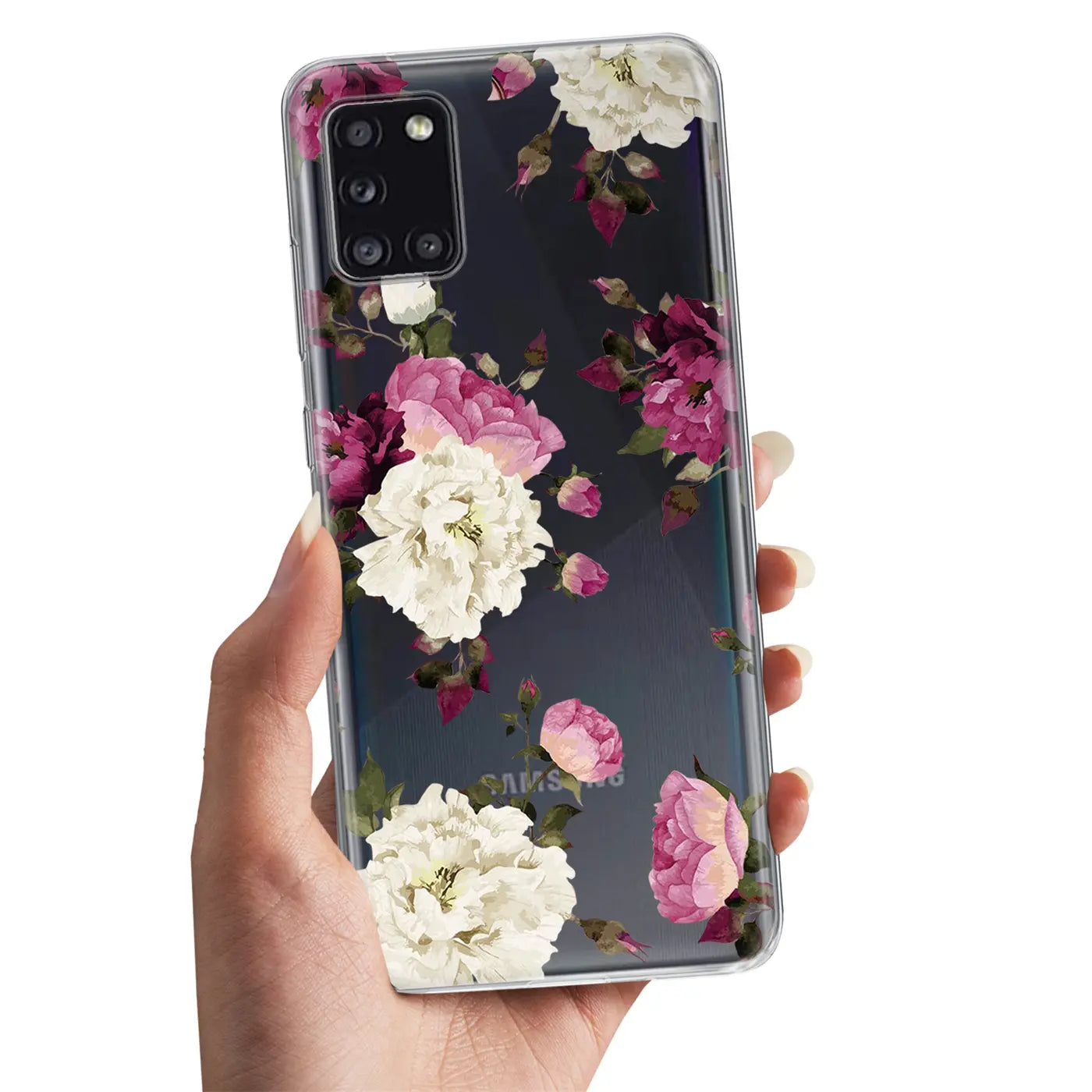 Samsung Galaxy A31 mit transparenter TPU-Hülle, Blumenmuster, von vorne gehalten