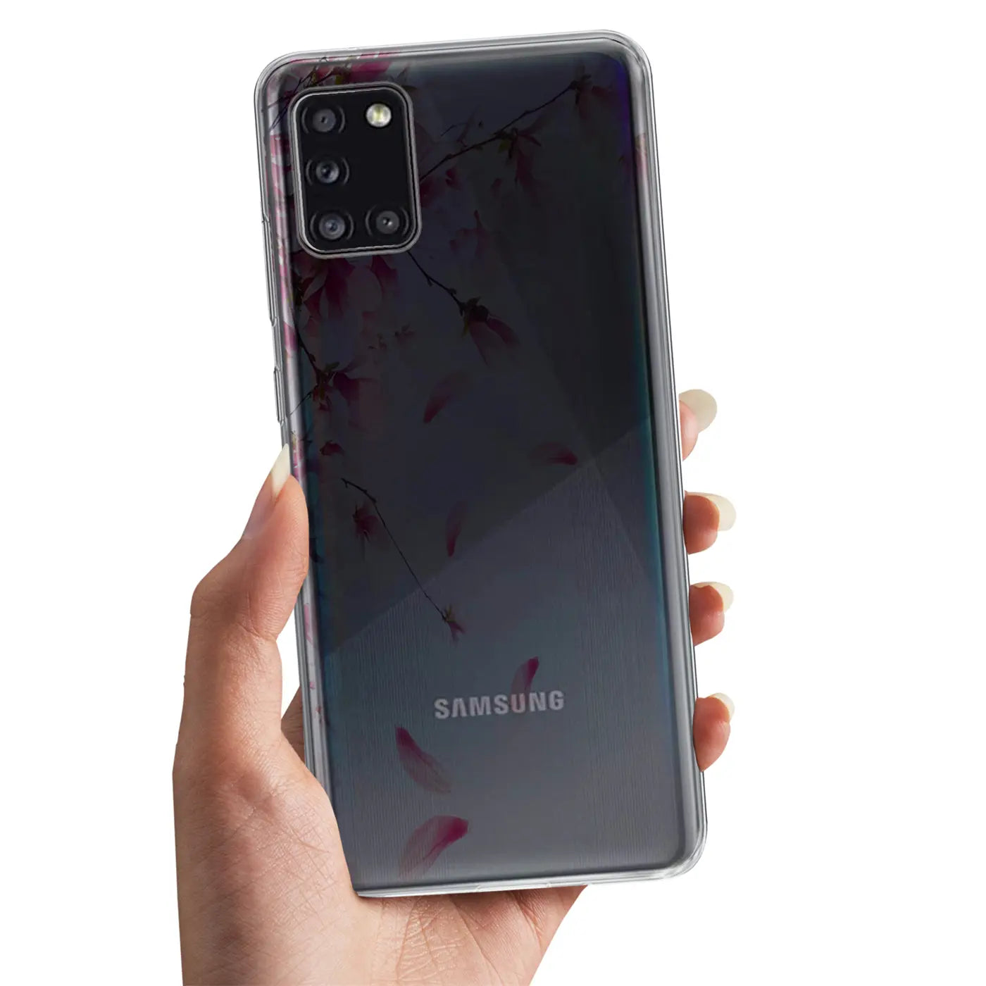 Samsung Galaxy A31 Hülle, transparentes TPU, Blumenmotiv, von vorne gehalten