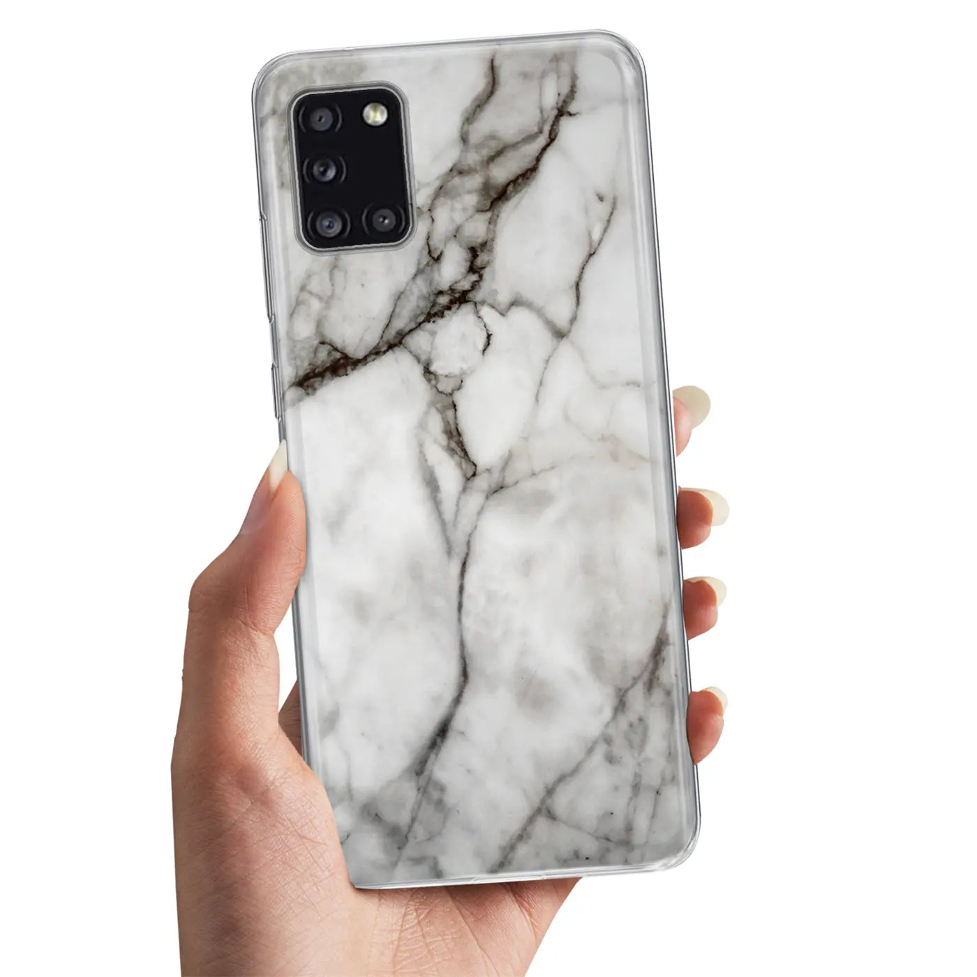 Samsung Galaxy A31 Hülle, weiß/grau marmoriert, TPU, von vorne gehalten